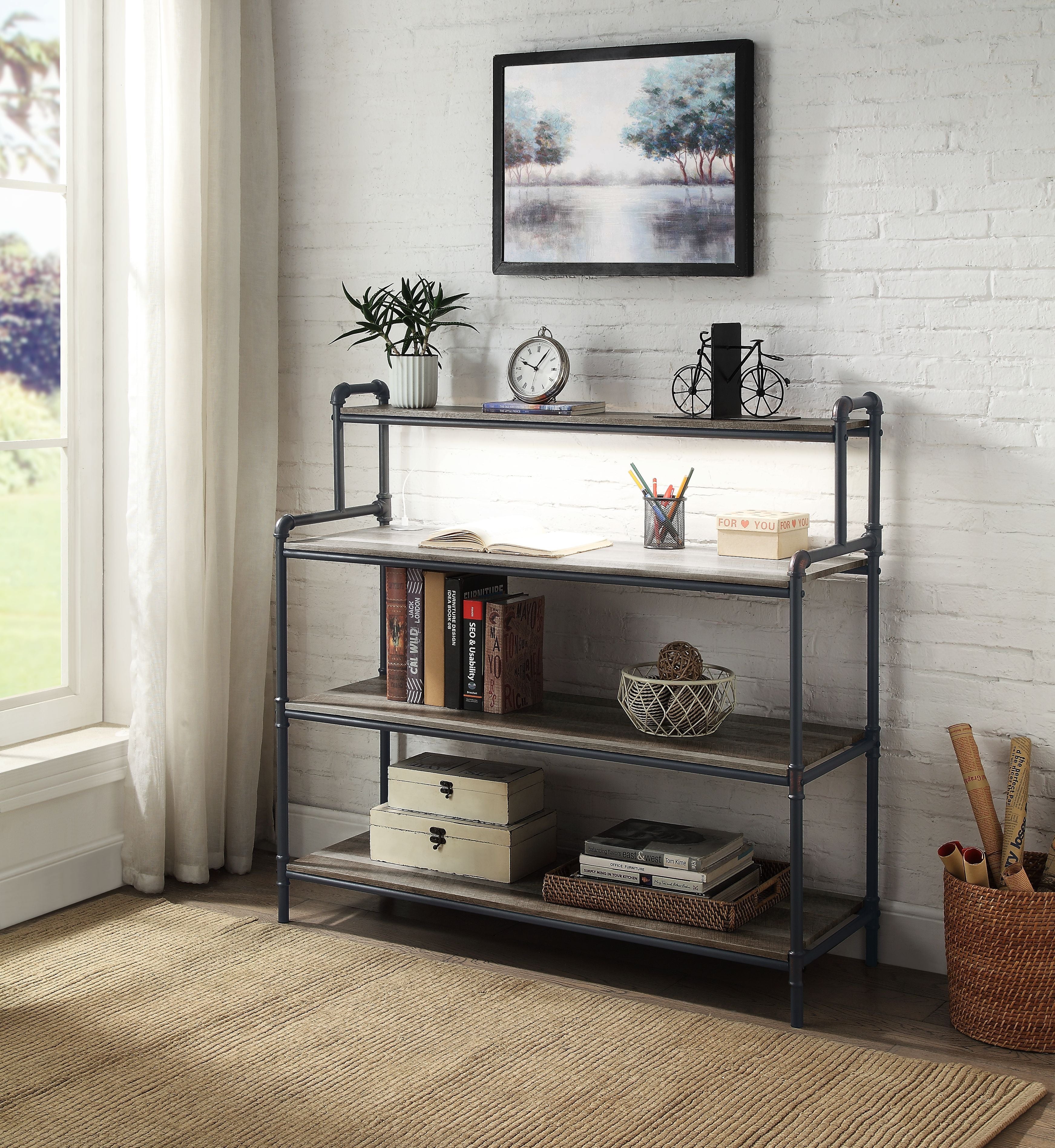 Antique Oak and Sandy Black Bookshelf with USB