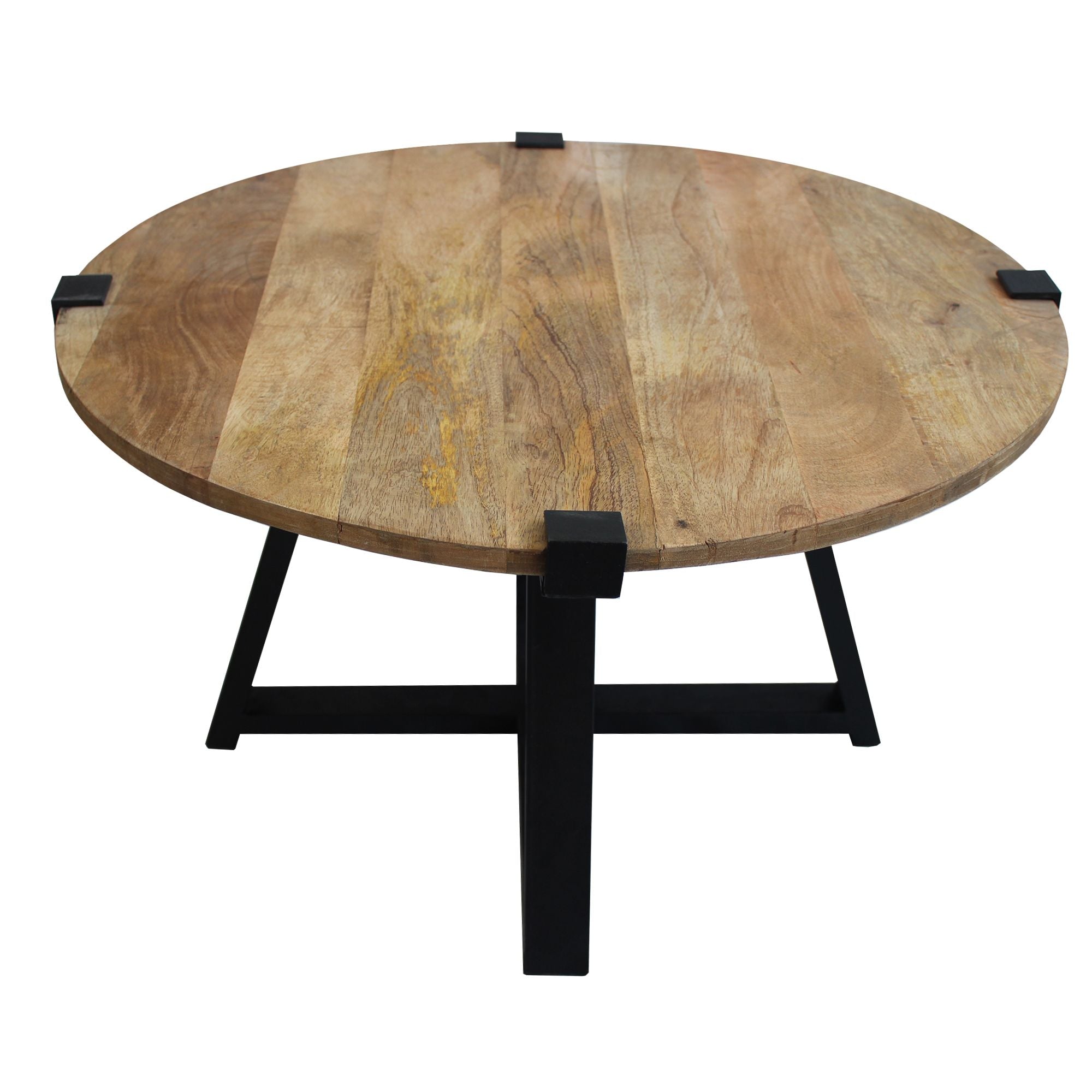 DunaWest 31 Inch Round Wooden Coffee Table with Banded Metal Frame, Brown and Black(D0102HPKU9W.)