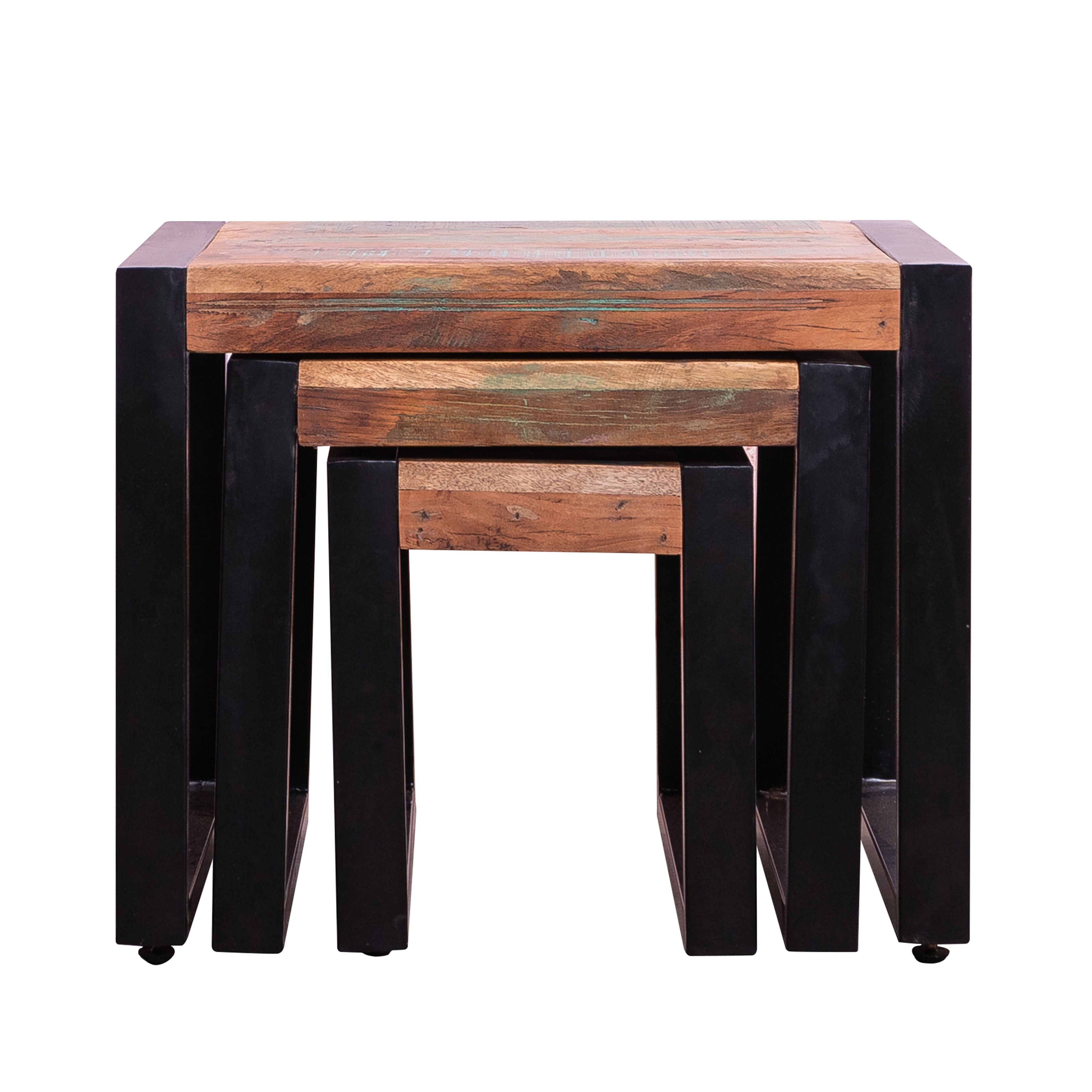 DunaWest Rectangular Reclaimed Wood Nesting Side Table with Metal Base, Set of 3, Brown, Black(D0102HPKUVV.)