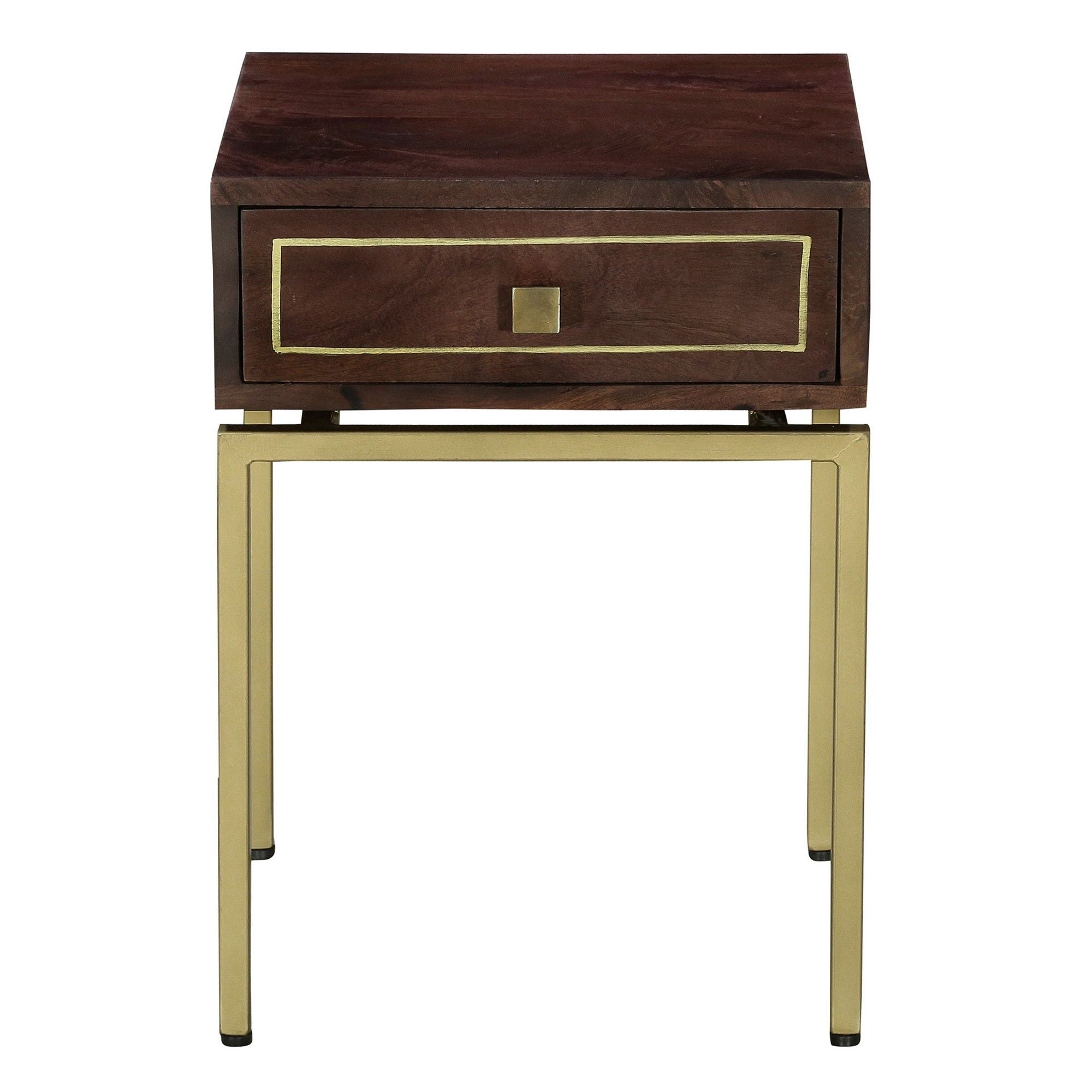 DunaWest Ellis 16 Inch Side Table with 1 Drawer and Brass Metal Legs, Brown, Matte Gold(D0102HPMUPG.)