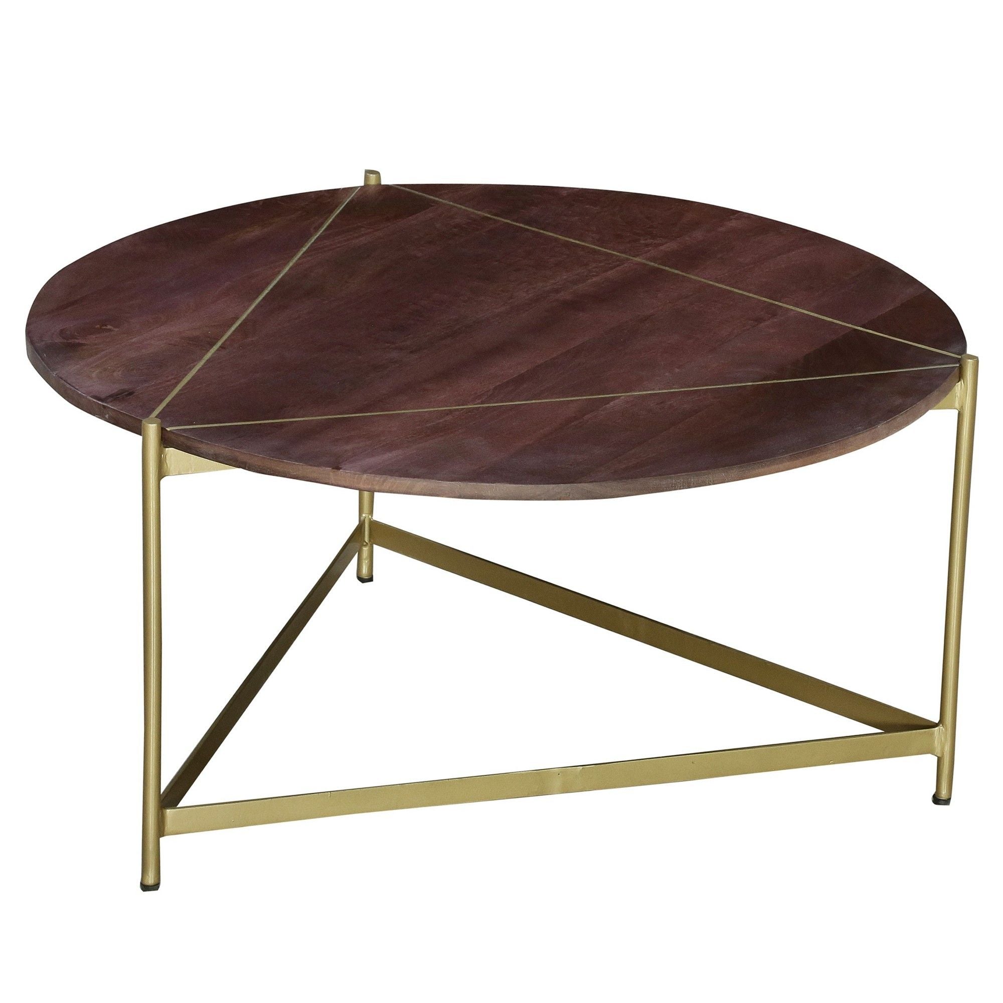 DunaWest Ellis 32 Inch Round Wood Coffee Table with Brass Metal Base, Brown, Matte Gold(D0102HPMUPU.)