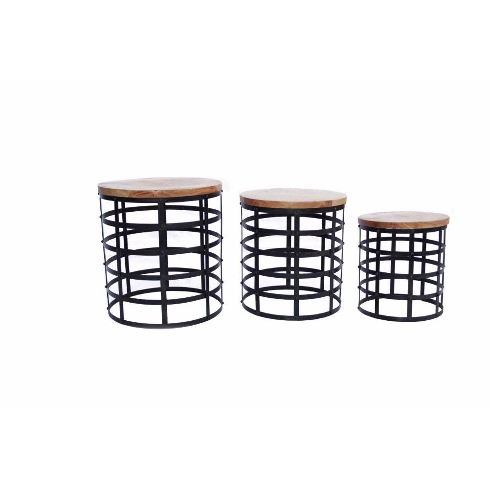 DunaWest Round Nesting Coffee Tables With Caged Metal Base, Black and Brown, Set of 3(D0102HPYJHU.)