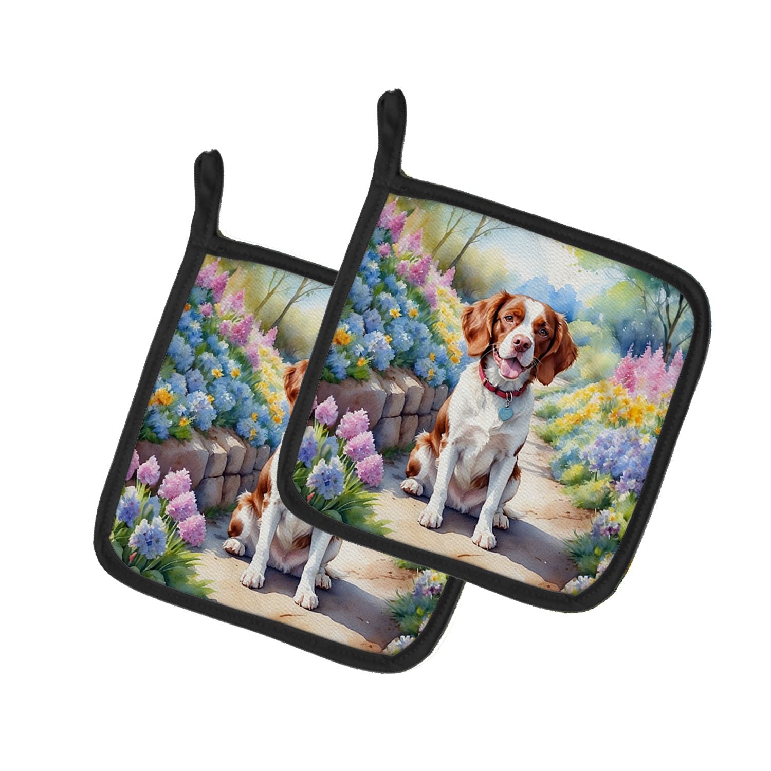 Brittany Spaniel Spring Path Pair of Pot Holders Kitchen Heat Resistant Pot Holders Sets Oven Hot Pads for Cooking Baking BBQ, 7