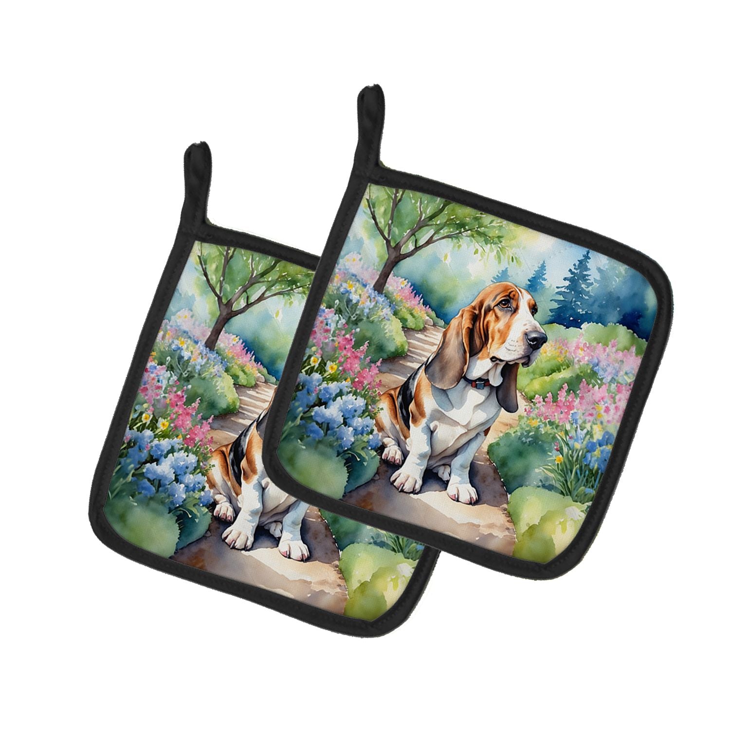 Basset Hound Spring Garden Pair of Pot Holders Kitchen Heat Resistant Pot Holders Sets Oven Hot Pads for Cooking Baking BBQ, 7 1