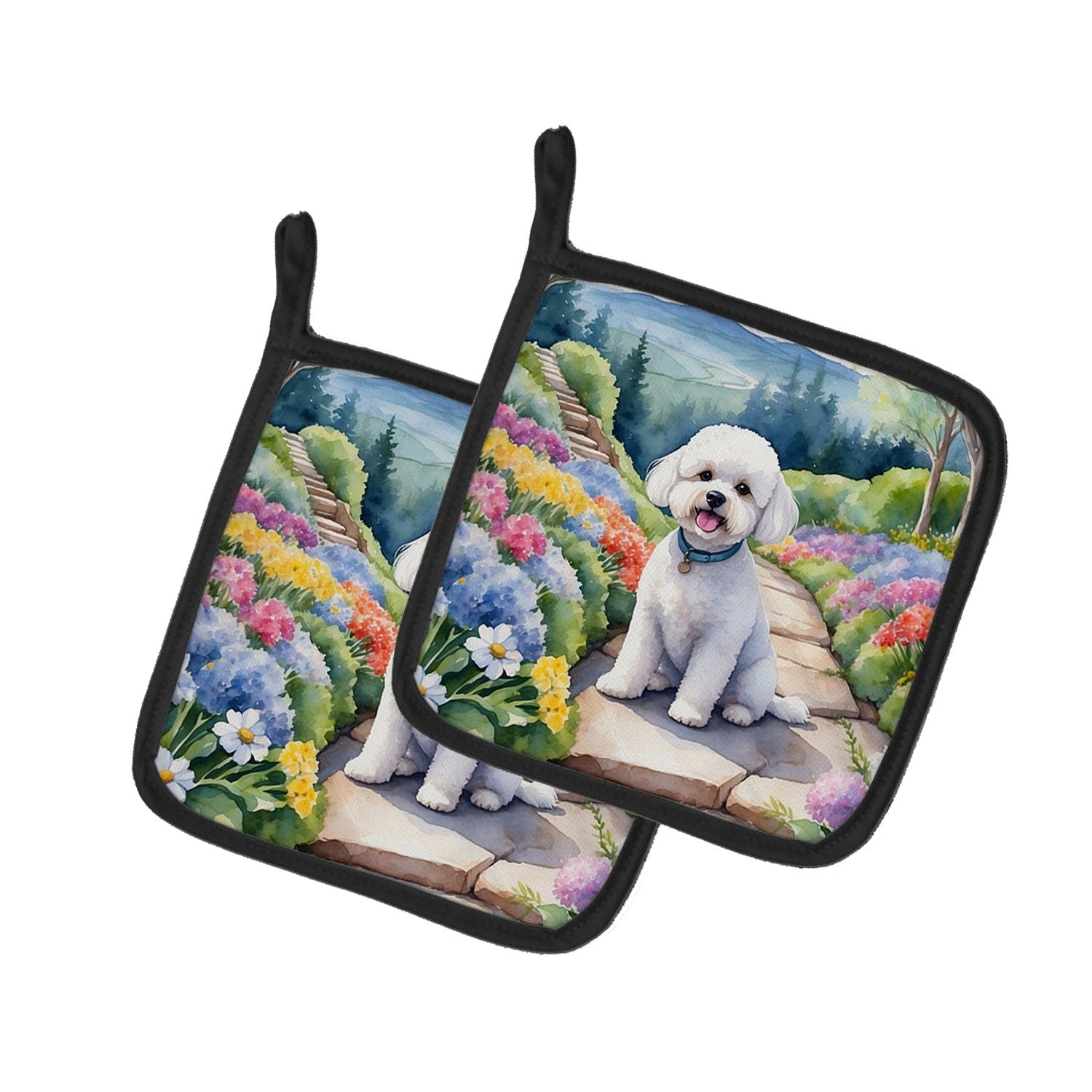 Bichon Frise Spring Path Pair of Pot Holders Kitchen Heat Resistant Pot Holders Sets Oven Hot Pads for Cooking Baking BBQ, 7 1/2