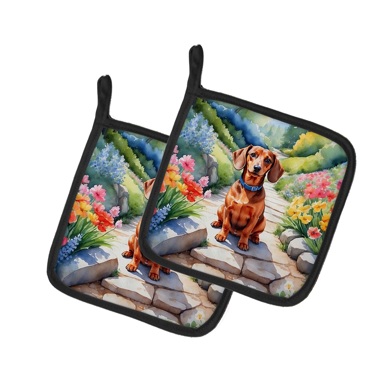 Dachshund Spring Path Pair of Pot Holders Kitchen Heat Resistant Pot Holders Sets Oven Hot Pads for Cooking Baking BBQ, 7 1/2 x 