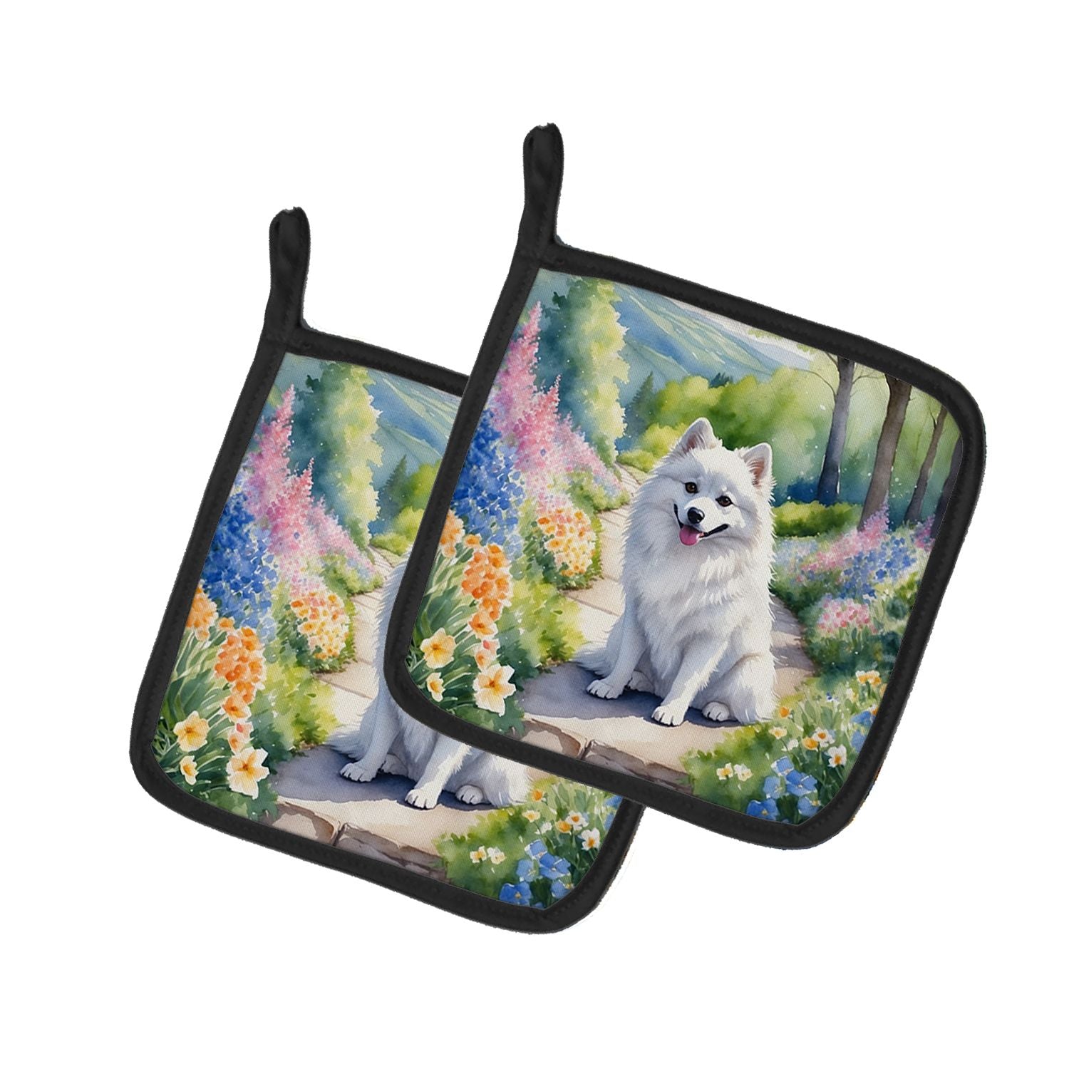 American Eskimo Spring Garden Pair of Pot Holders Kitchen Heat Resistant Pot Holders Sets Oven Hot Pads for Cooking Baking BBQ, 