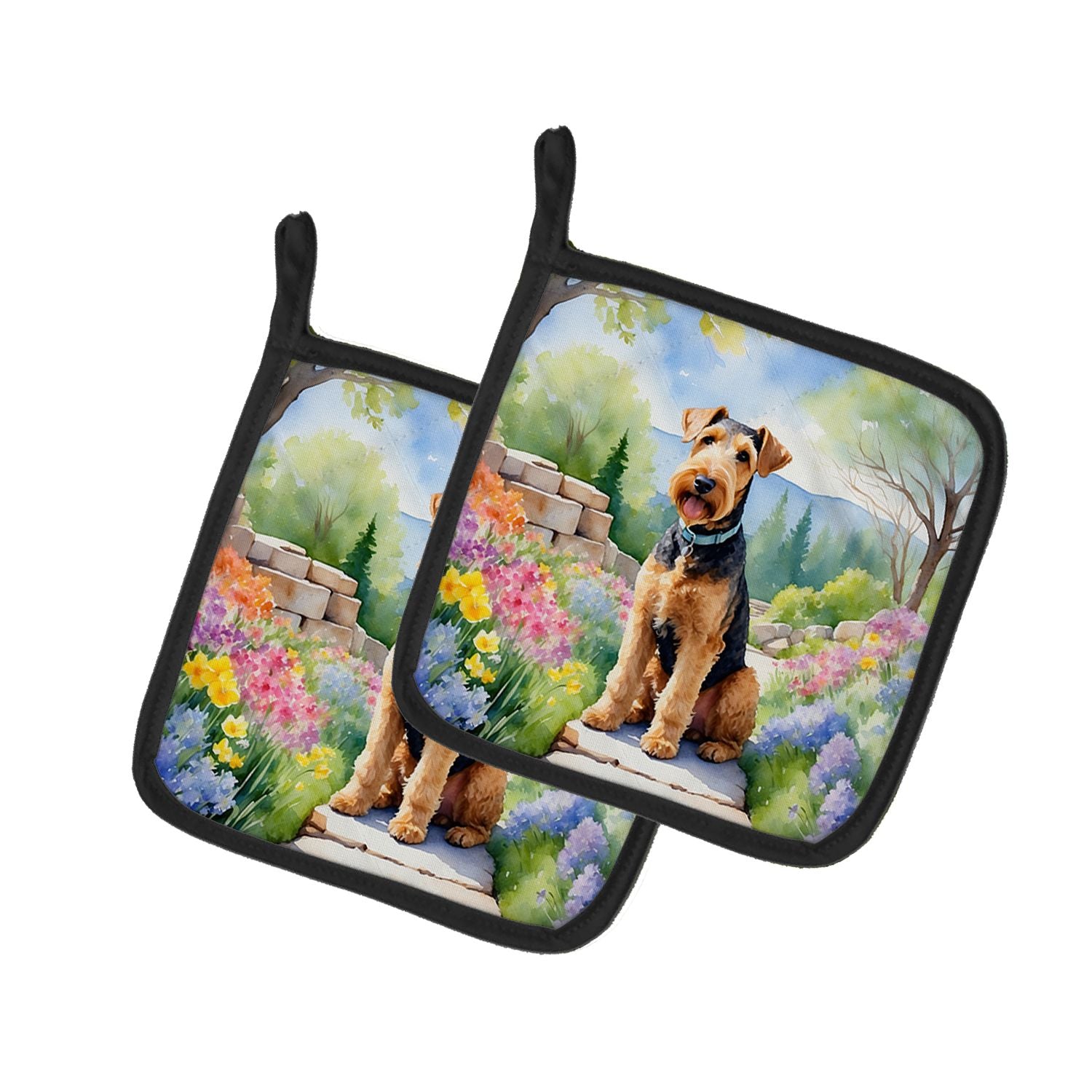 Airedale Terrier Spring Garden Pair of Pot Holders Kitchen Heat Resistant Pot Holders Sets Oven Hot Pads for Cooking Baking BBQ,