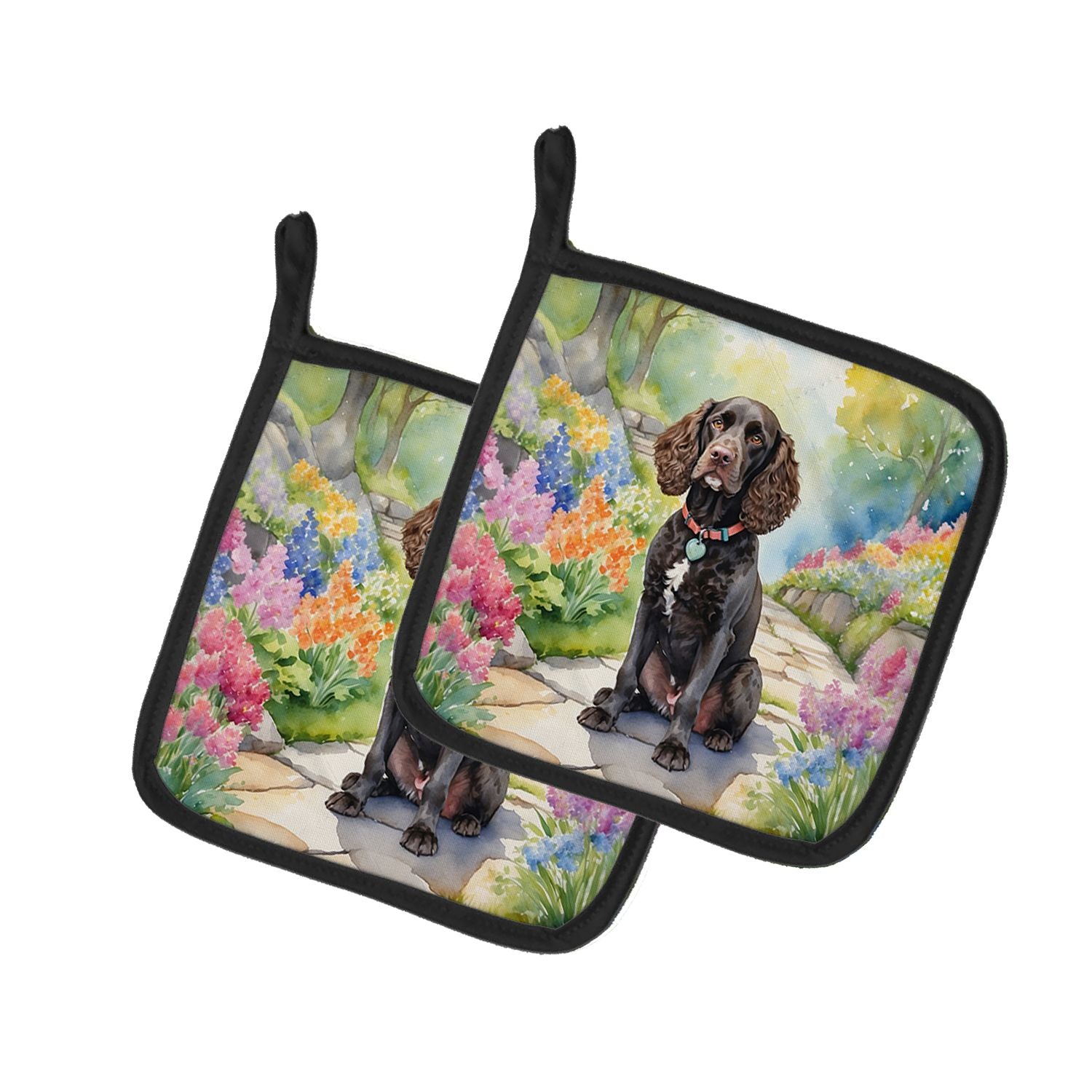 American Water Spaniel Spring Garden Pair of Pot Holders Kitchen Heat Resistant Pot Holders Sets Oven Hot Pads for Cooking Bakin