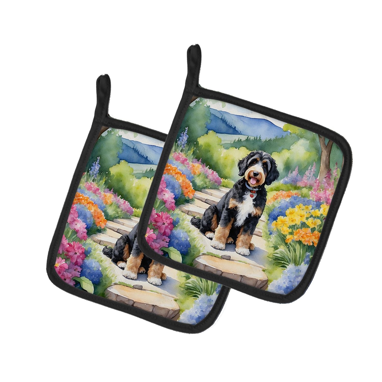 Bernedoodle Spring Path Pair of Pot Holders Kitchen Heat Resistant Pot Holders Sets Oven Hot Pads for Cooking Baking BBQ, 7 1/2 