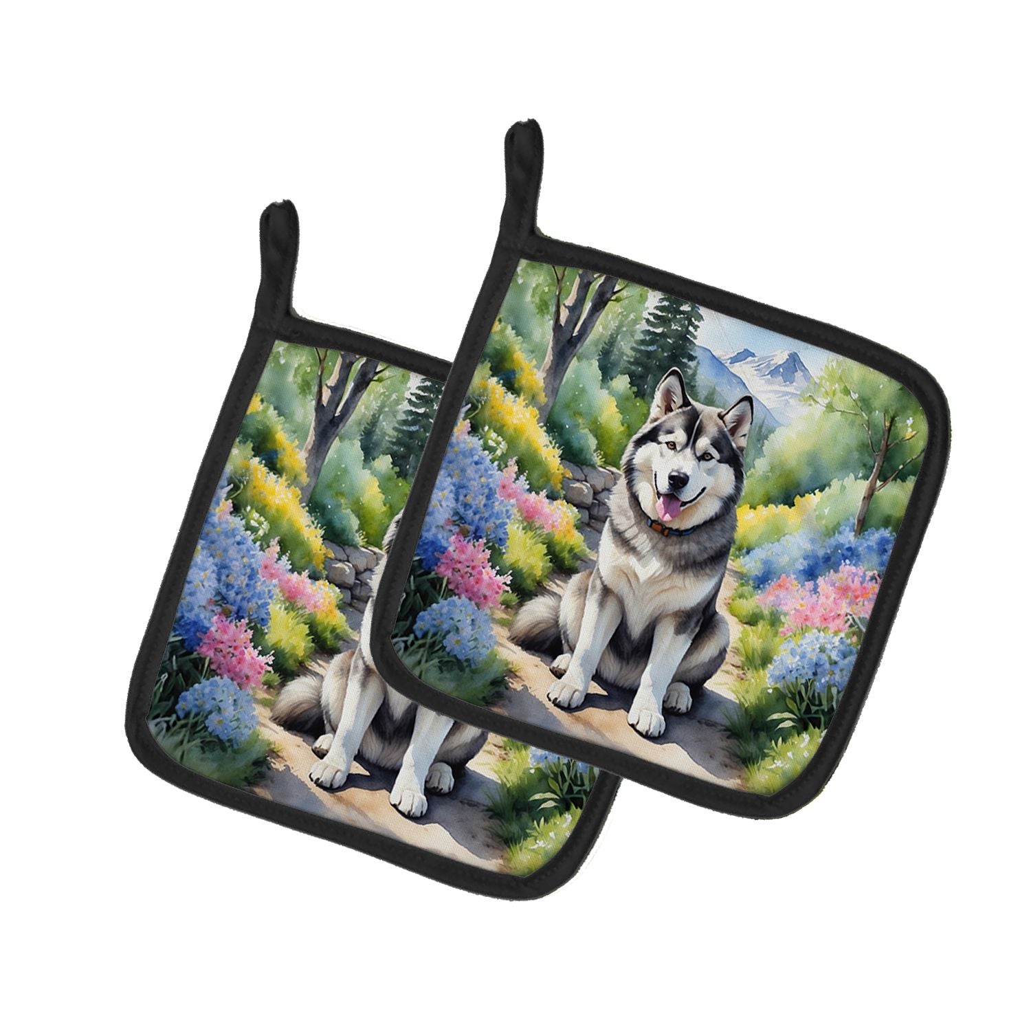 Alaskan Malamute Spring Garden Pair of Pot Holders Kitchen Heat Resistant Pot Holders Sets Oven Hot Pads for Cooking Baking BBQ,