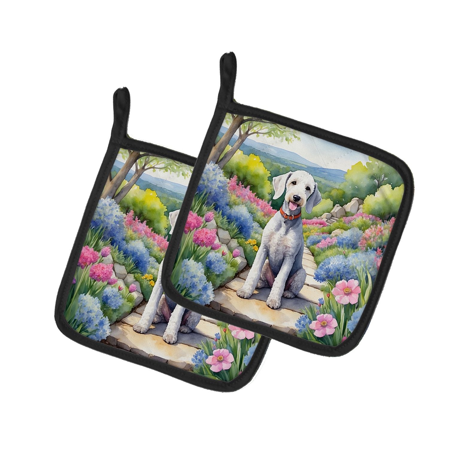 Bedlington Terrier Spring Garden Pair of Pot Holders Kitchen Heat Resistant Pot Holders Sets Oven Hot Pads for Cooking Baking BB
