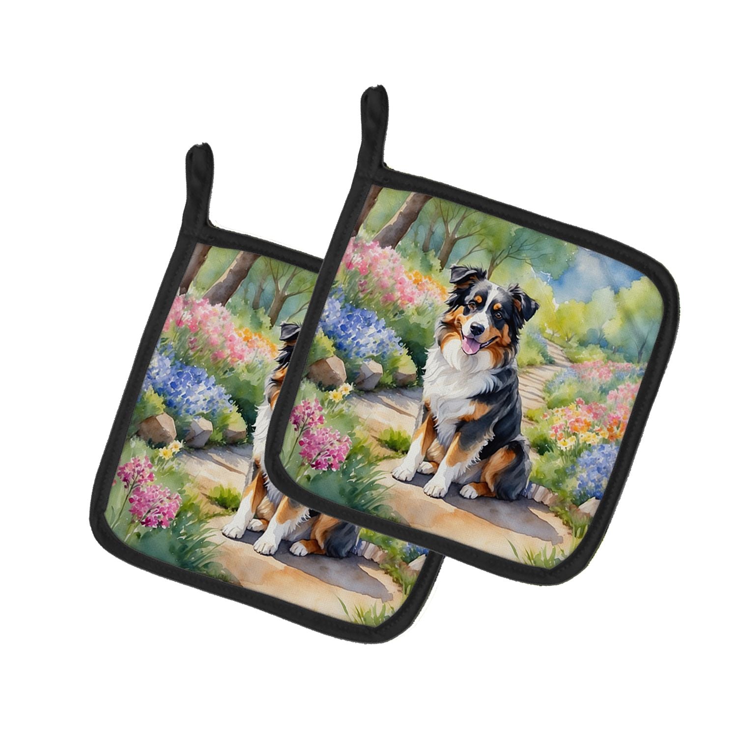 Australian Shepherd Spring Garden Pair of Pot Holders Kitchen Heat Resistant Pot Holders Sets Oven Hot Pads for Cooking Baking B