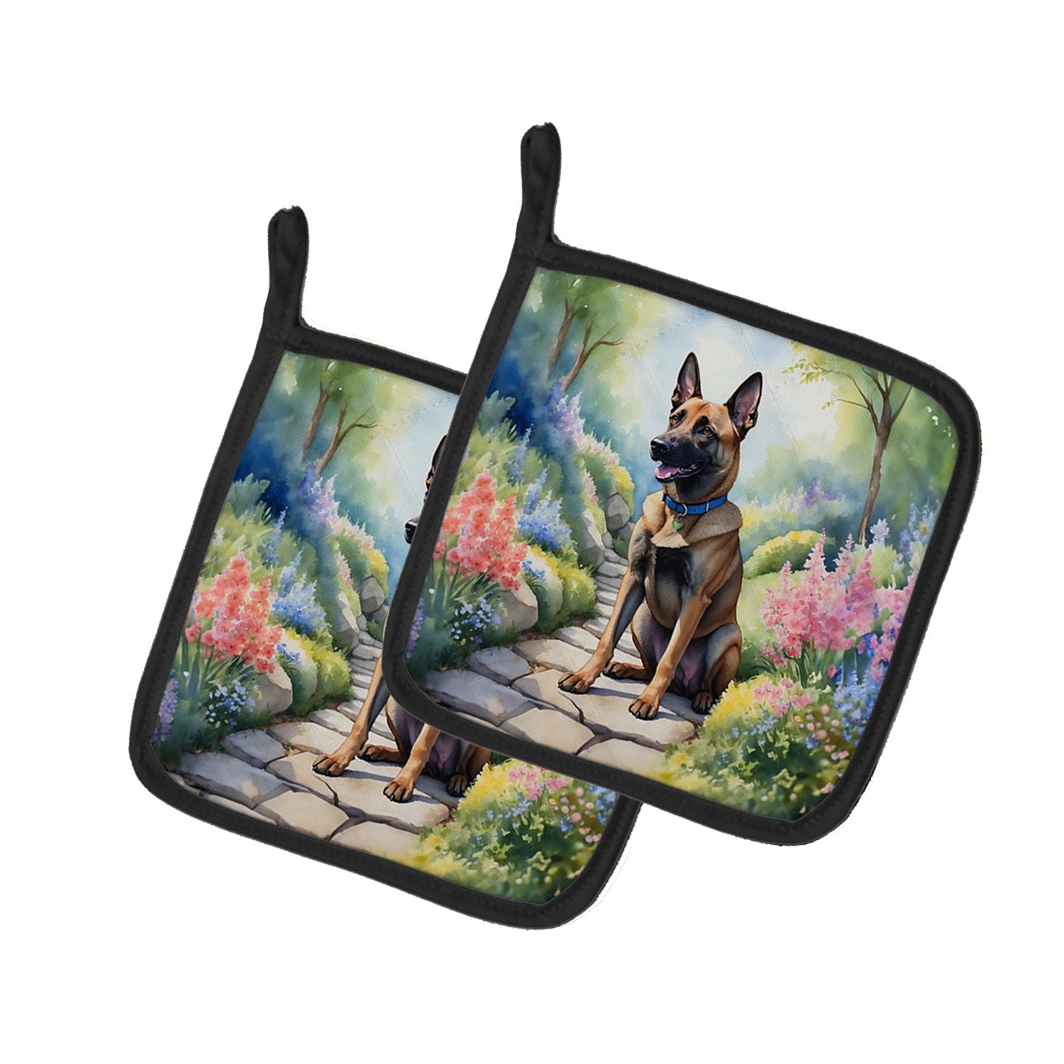 Belgian Malinois Spring Garden Pair of Pot Holders Kitchen Heat Resistant Pot Holders Sets Oven Hot Pads for Cooking Baking BBQ,