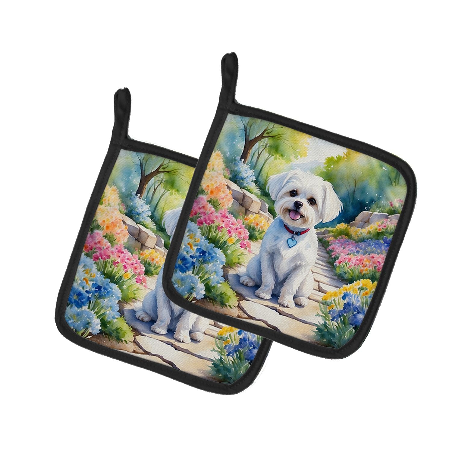 Maltese Spring Path Pair of Pot Holders Kitchen Heat Resistant Pot Holders Sets Oven Hot Pads for Cooking Baking BBQ, 7 1/2 x 7 