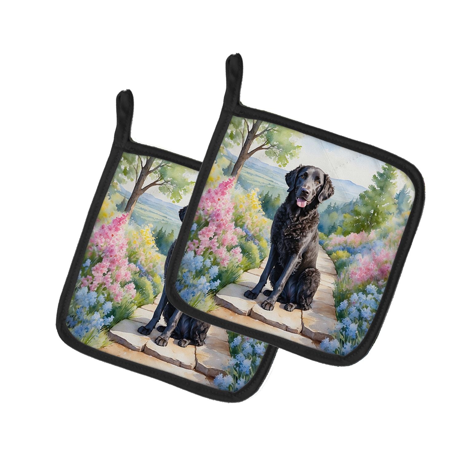 Curly-Coated Retriever Spring Path Pair of Pot Holders Kitchen Heat Resistant Pot Holders Sets Oven Hot Pads for Cooking Baking 