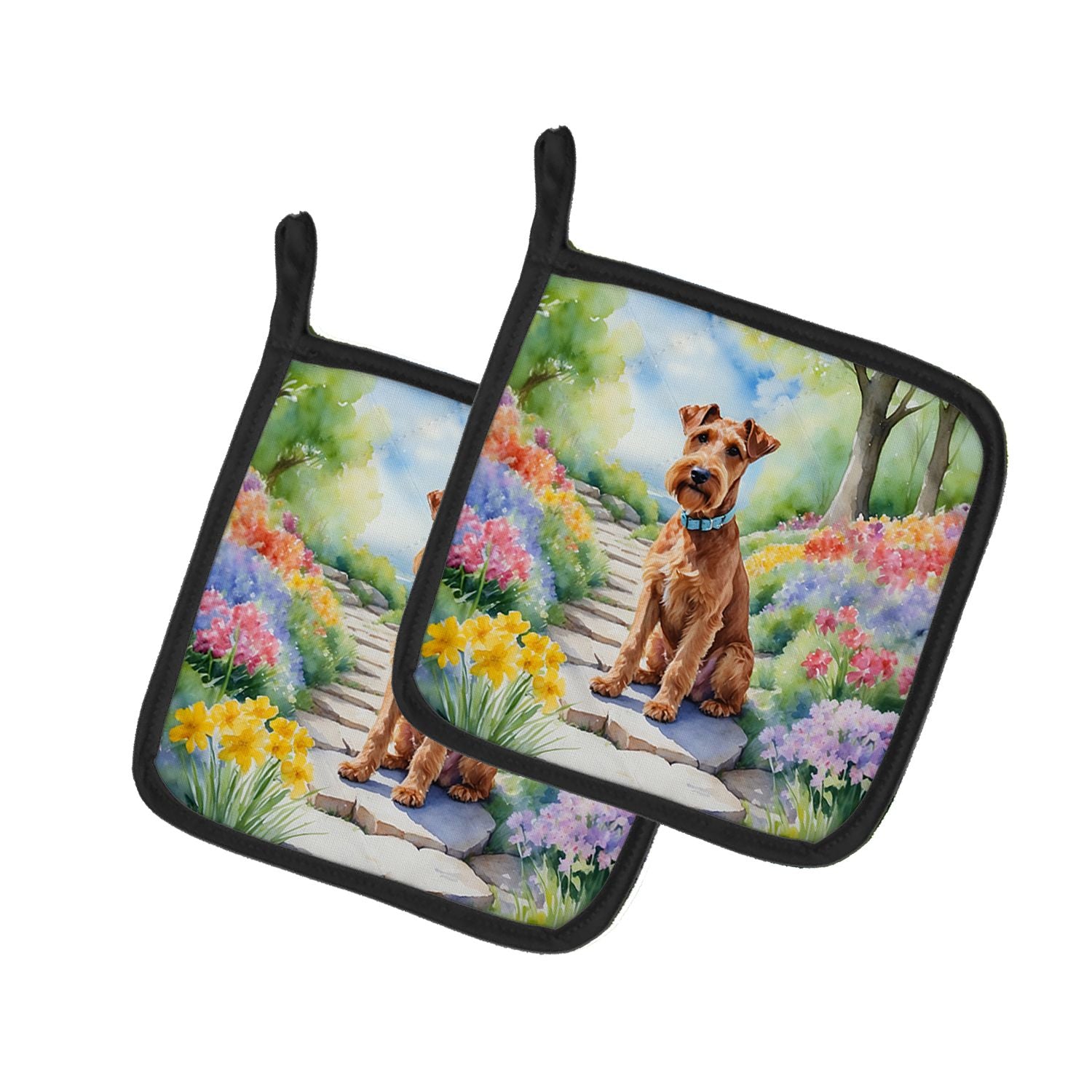 Irish Terrier Spring Path Pair of Pot Holders Kitchen Heat Resistant Pot Holders Sets Oven Hot Pads for Cooking Baking BBQ, 7 1/
