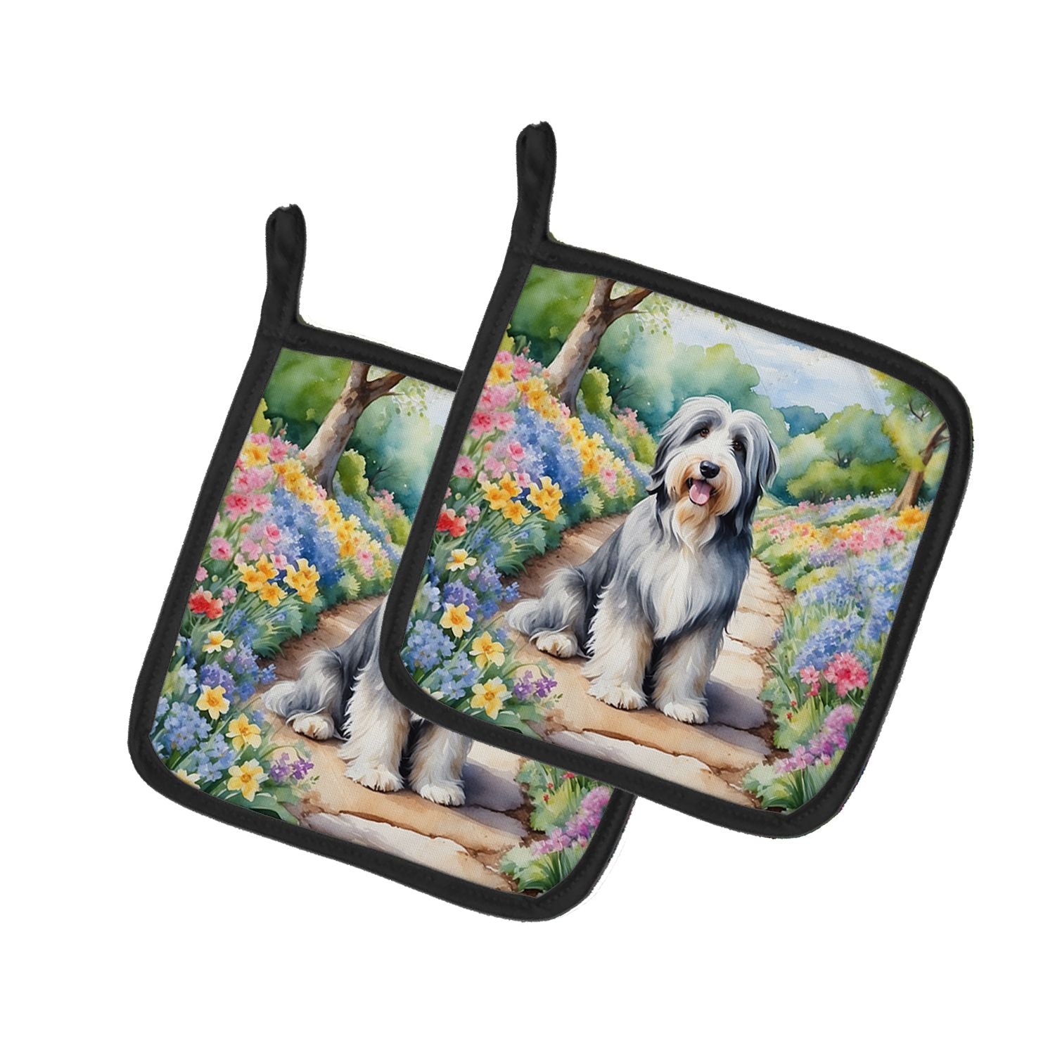 Bearded Collie Spring Garden Pair of Pot Holders Kitchen Heat Resistant Pot Holders Sets Oven Hot Pads for Cooking Baking BBQ, 7