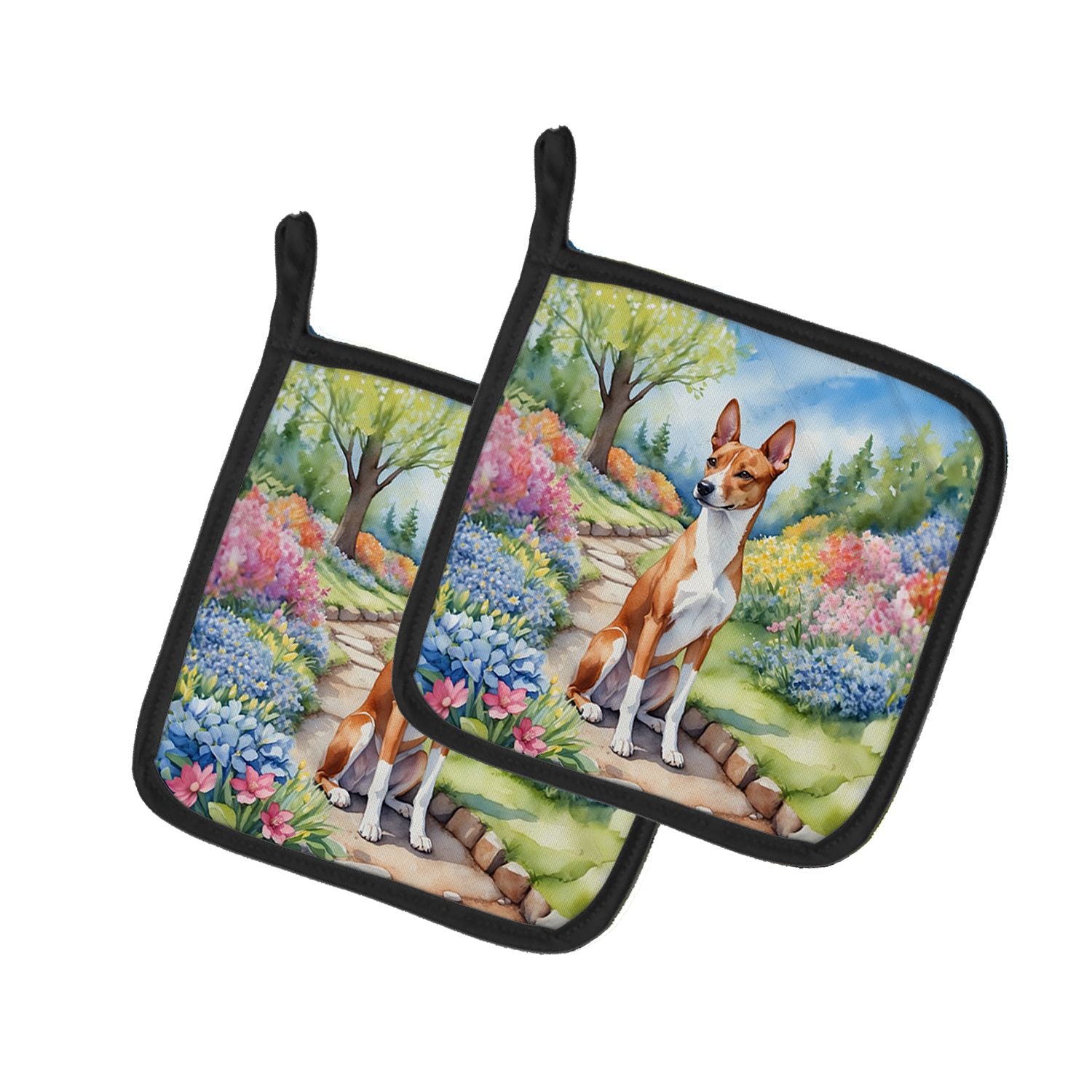Basenji Spring Garden Pair of Pot Holders Kitchen Heat Resistant Pot Holders Sets Oven Hot Pads for Cooking Baking BBQ, 7 1/2 x 