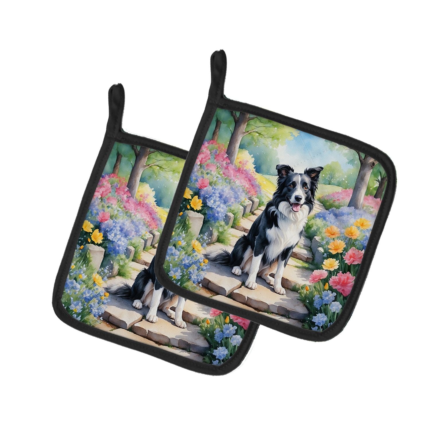 Border Collie Spring Path Pair of Pot Holders Kitchen Heat Resistant Pot Holders Sets Oven Hot Pads for Cooking Baking BBQ, 7 1/