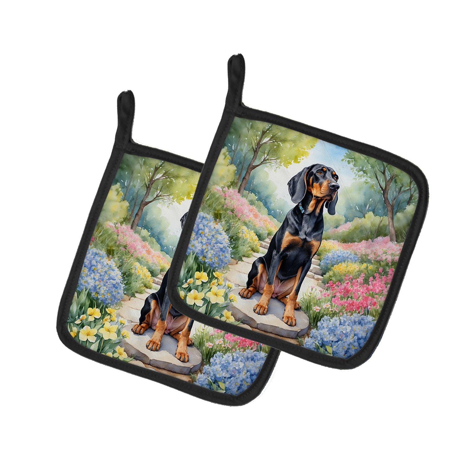 Black and Tan Coonhound Spring Path Pair of Pot Holders Kitchen Heat Resistant Pot Holders Sets Oven Hot Pads for Cooking Baking