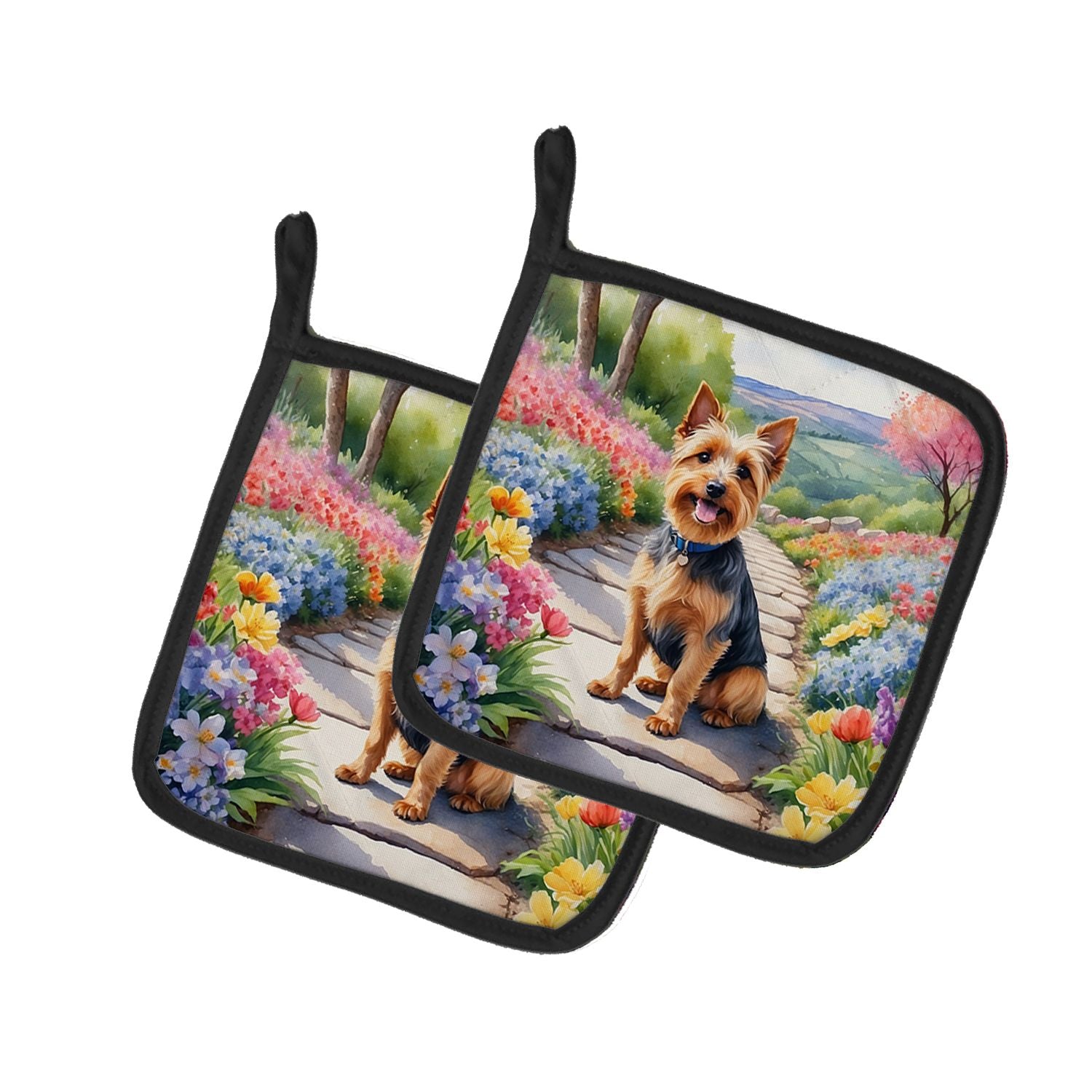 Australian Terrier Spring Garden Pair of Pot Holders Kitchen Heat Resistant Pot Holders Sets Oven Hot Pads for Cooking Baking BB