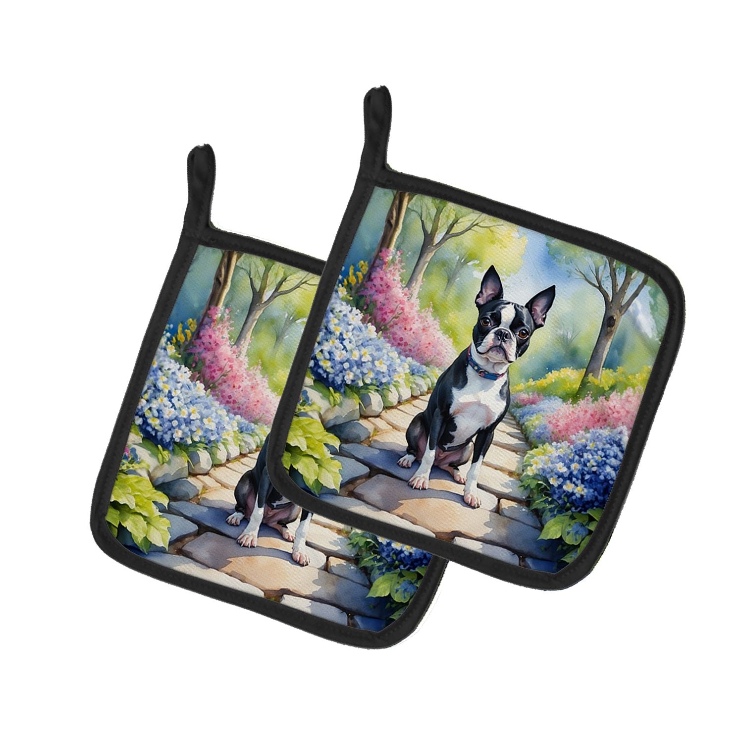 Boston Terrier Spring Path Pair of Pot Holders Kitchen Heat Resistant Pot Holders Sets Oven Hot Pads for Cooking Baking BBQ, 7 1