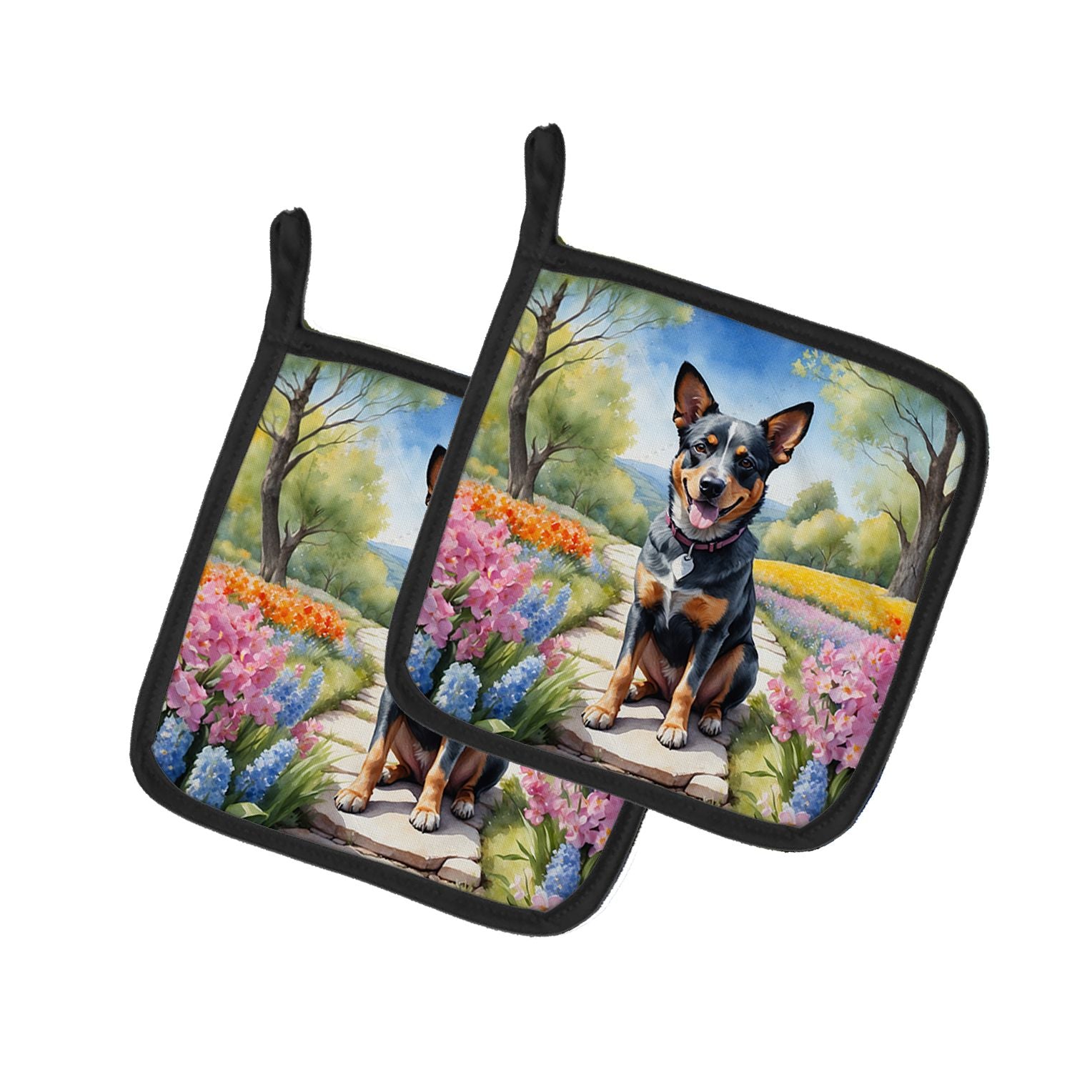 Australian Cattle Dog Spring Garden Pair of Pot Holders Kitchen Heat Resistant Pot Holders Sets Oven Hot Pads for Cooking Baking