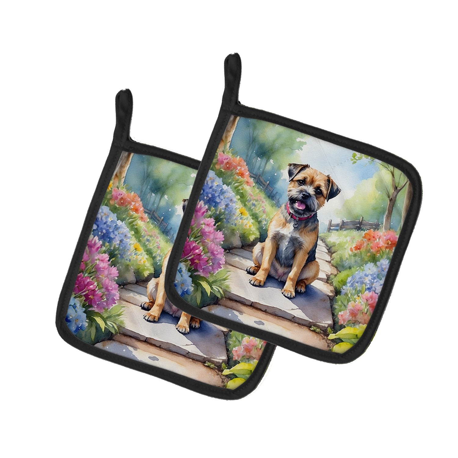 Border Terrier Spring Path Pair of Pot Holders Kitchen Heat Resistant Pot Holders Sets Oven Hot Pads for Cooking Baking BBQ, 7 1