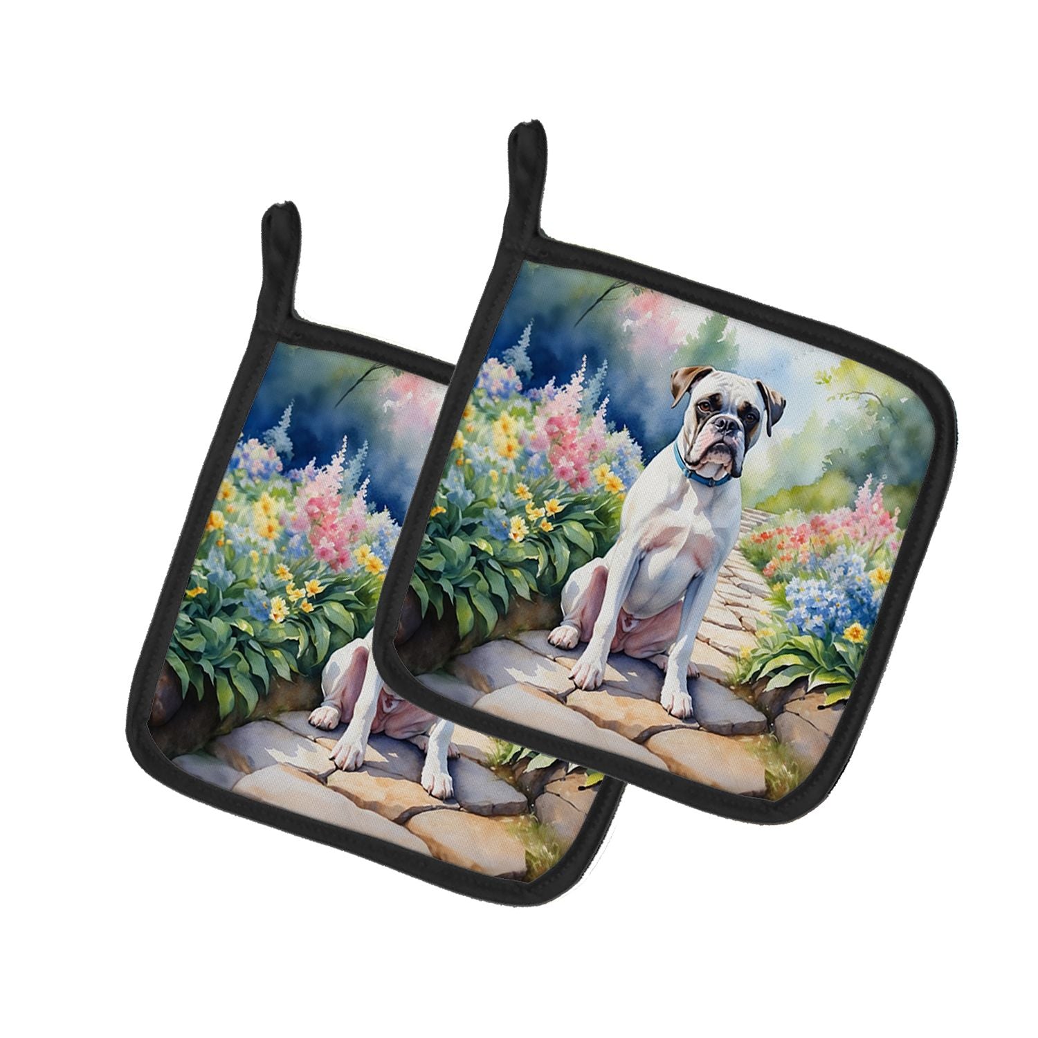White Boxer Spring Path Pair of Pot Holders Kitchen Heat Resistant Pot Holders Sets Oven Hot Pads for Cooking Baking BBQ, 7 1/2 
