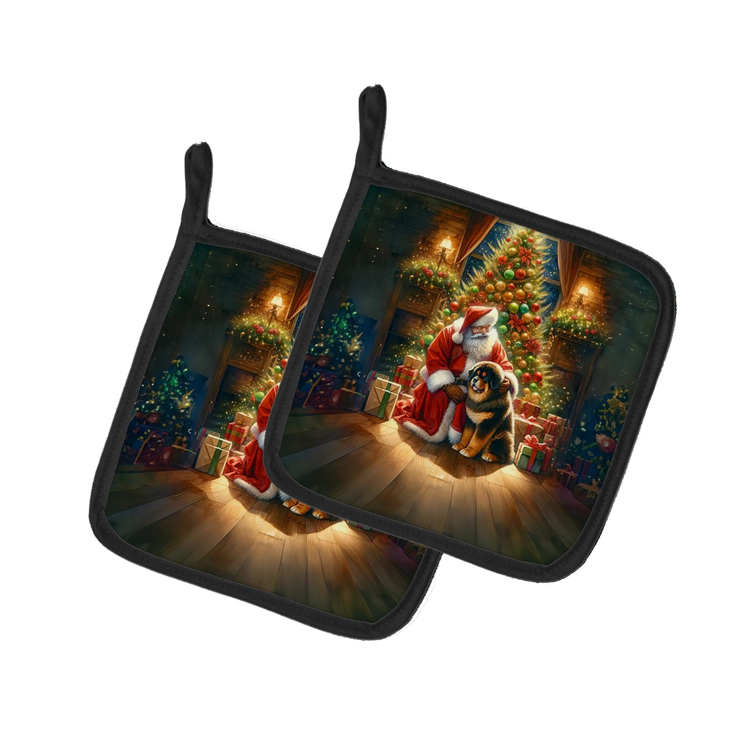 Tibetan Mastiff and Santa Claus Pair of Pot Holders Kitchen Heat Resistant Pot Holders Sets Oven Hot Pads for Cooking Baking BBQ