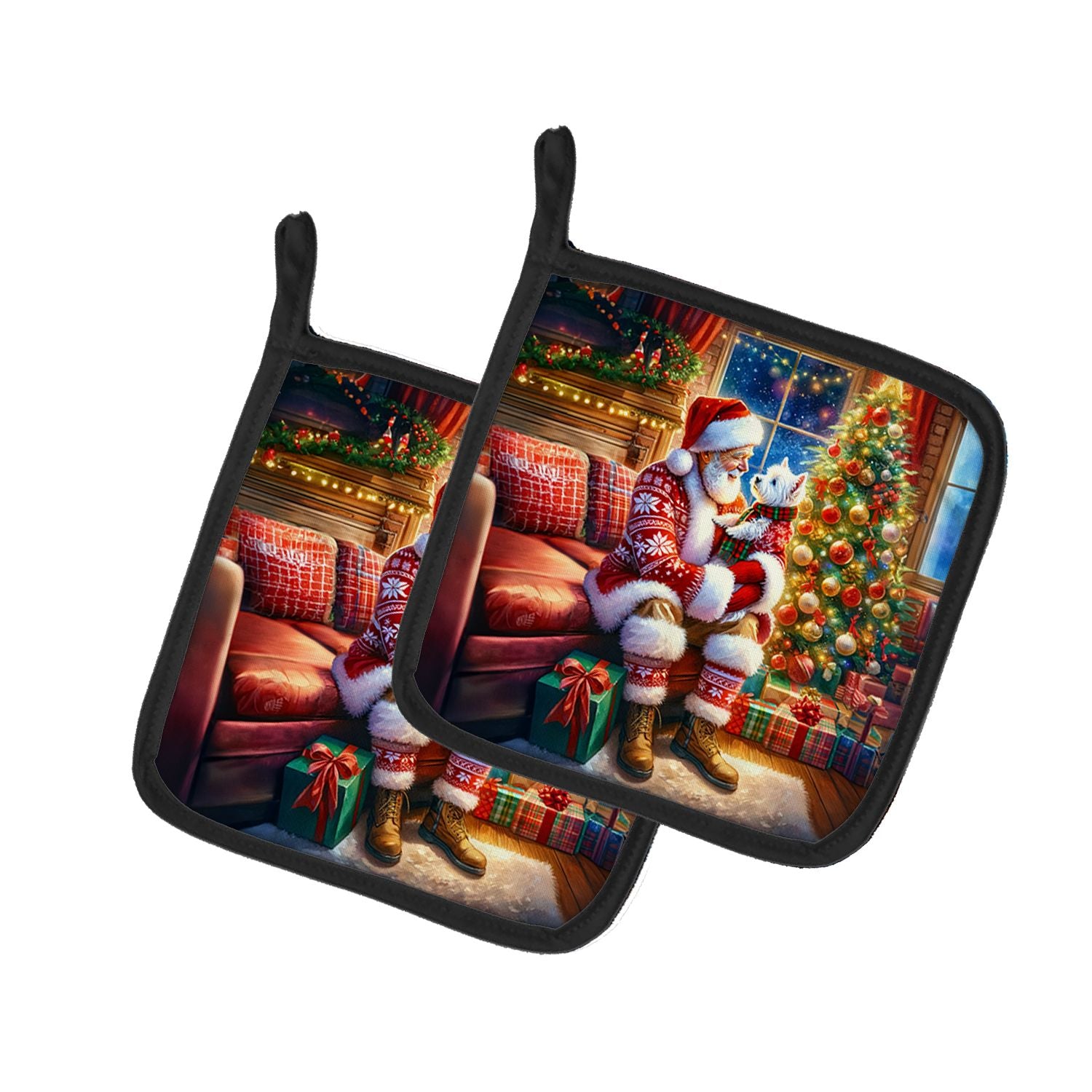 Westie and Santa Claus Pair of Pot Holders Kitchen Heat Resistant Pot Holders Sets Oven Hot Pads for Cooking Baking BBQ, 7 1/2 x