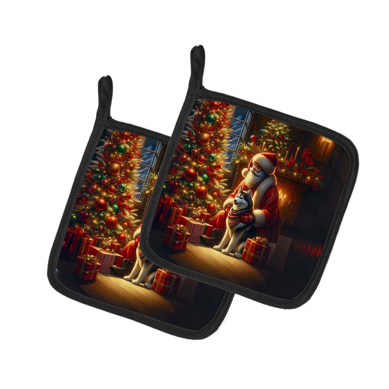 Siberian Husky and Santa Claus Pair of Pot Holders Kitchen Heat Resistant Pot Holders Sets Oven Hot Pads for Cooking Baking BBQ,