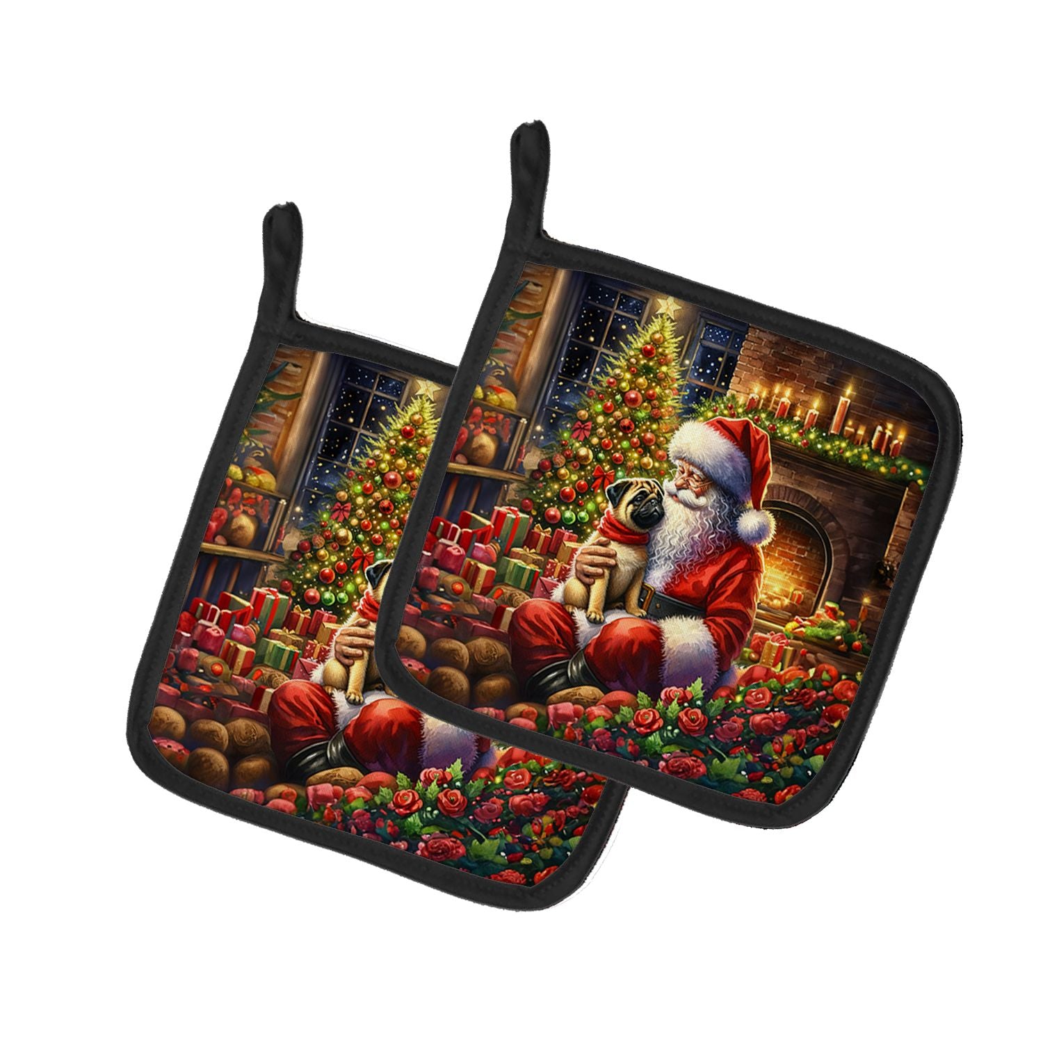 Fawn Pug and Santa Claus Pair of Pot Holders Kitchen Heat Resistant Pot Holders Sets Oven Hot Pads for Cooking Baking BBQ, 7 1/2