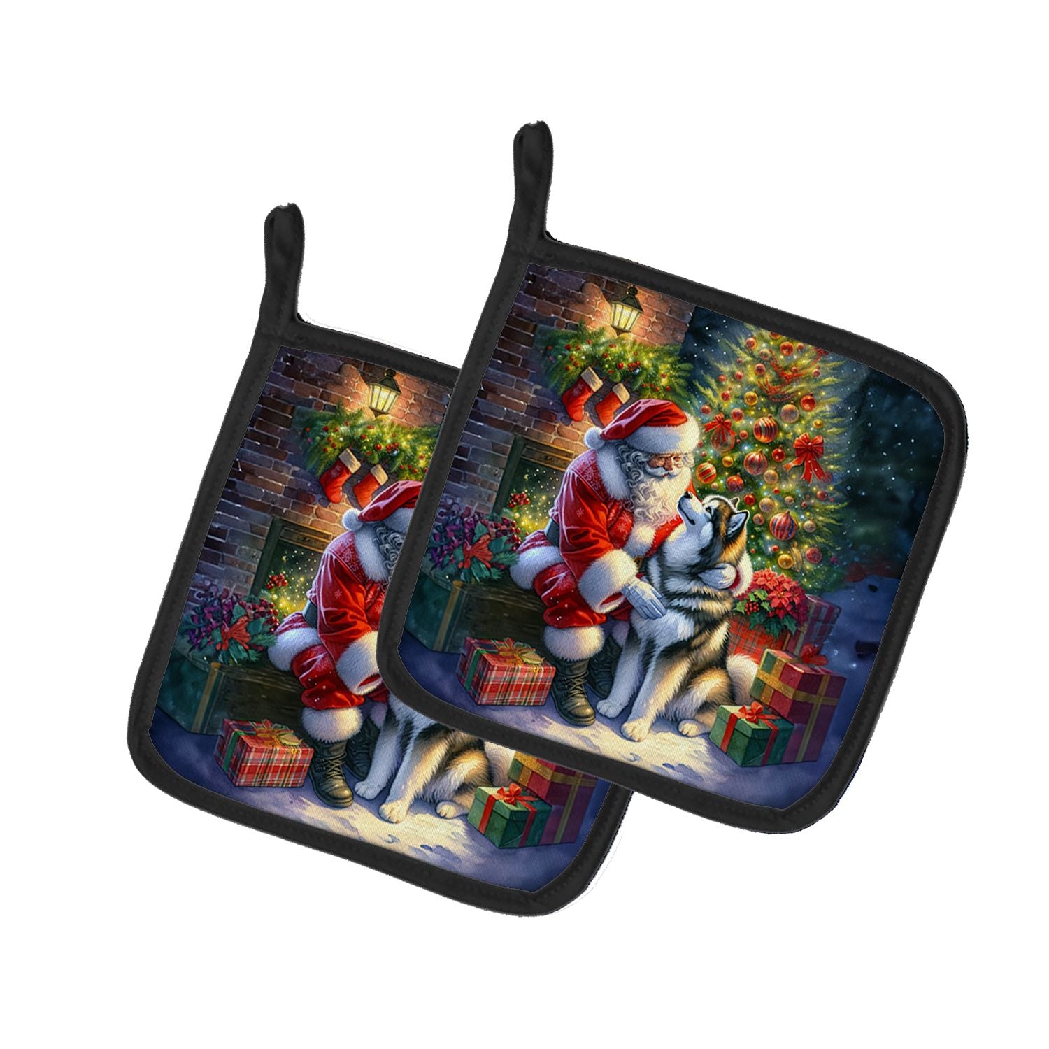 Alaskan Malamute and Santa Claus Pair of Pot Holders Kitchen Heat Resistant Pot Holders Sets Oven Hot Pads for Cooking Baking BB