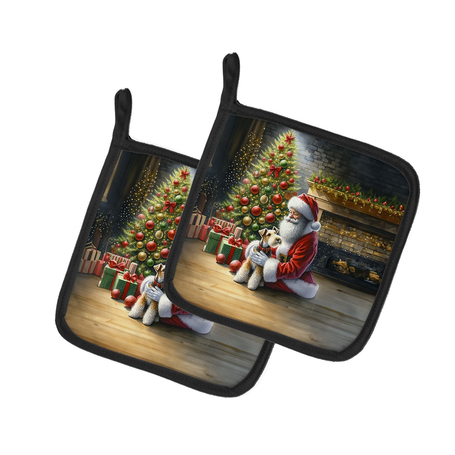 Fox Terrier and Santa Claus Pair of Pot Holders Kitchen Heat Resistant Pot Holders Sets Oven Hot Pads for Cooking Baking BBQ, 7 