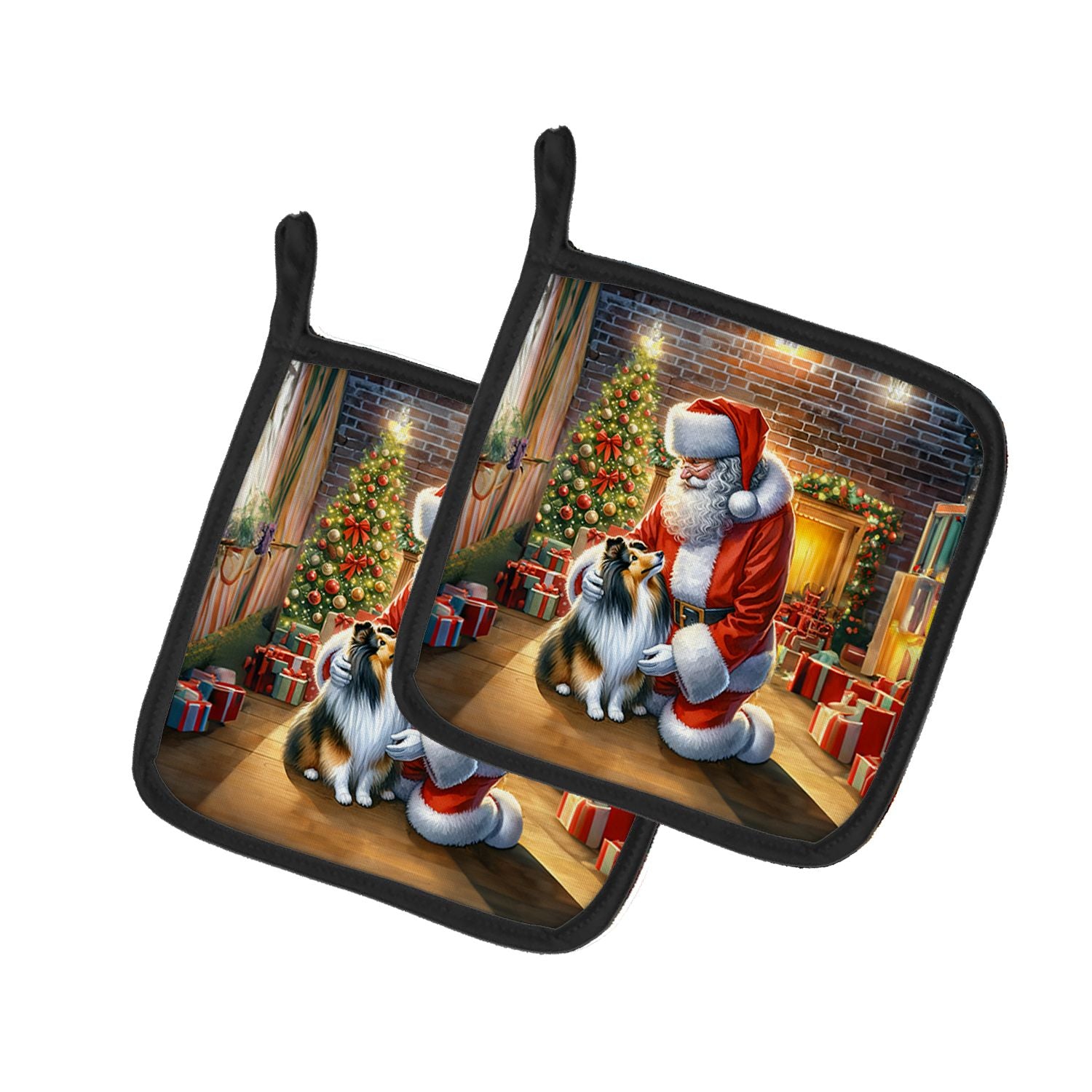 Sheltie and Santa Claus Pair of Pot Holders Kitchen Heat Resistant Pot Holders Sets Oven Hot Pads for Cooking Baking BBQ, 7 1/2 