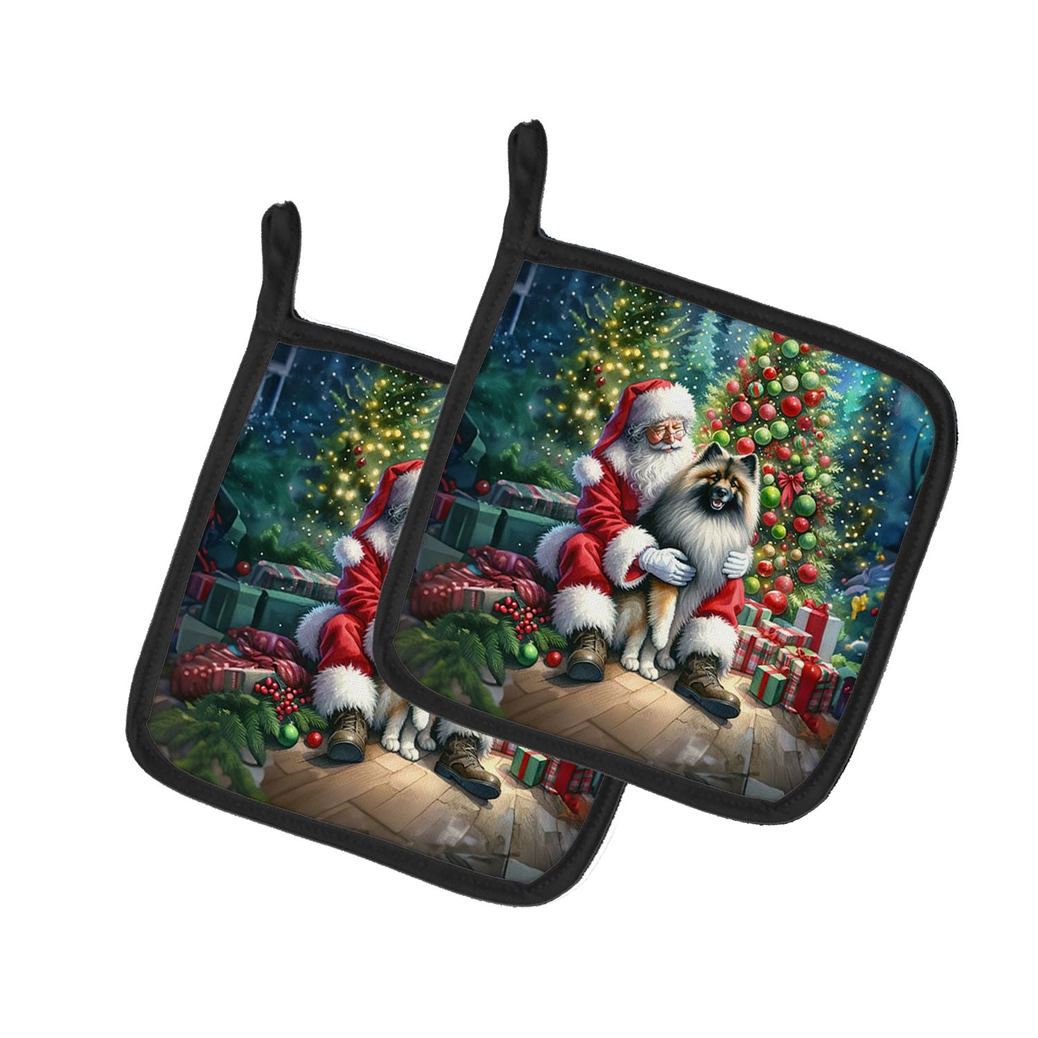 Keeshond and Santa Claus Pair of Pot Holders Kitchen Heat Resistant Pot Holders Sets Oven Hot Pads for Cooking Baking BBQ, 7 1/2