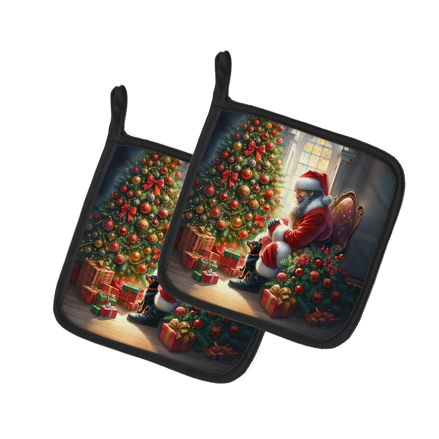 Miniature Pinscher and Santa Claus Pair of Pot Holders Kitchen Heat Resistant Pot Holders Sets Oven Hot Pads for Cooking Baking 