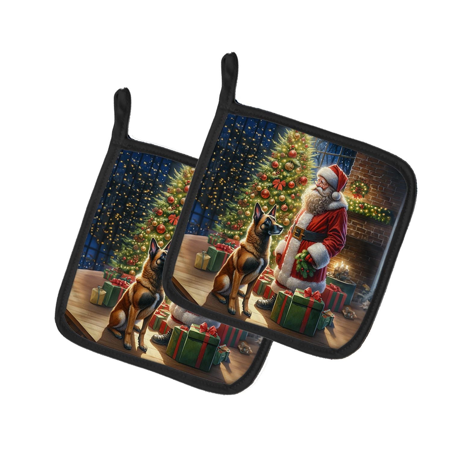 Belgian Malinois and Santa Claus Pair of Pot Holders Kitchen Heat Resistant Pot Holders Sets Oven Hot Pads for Cooking Baking BB