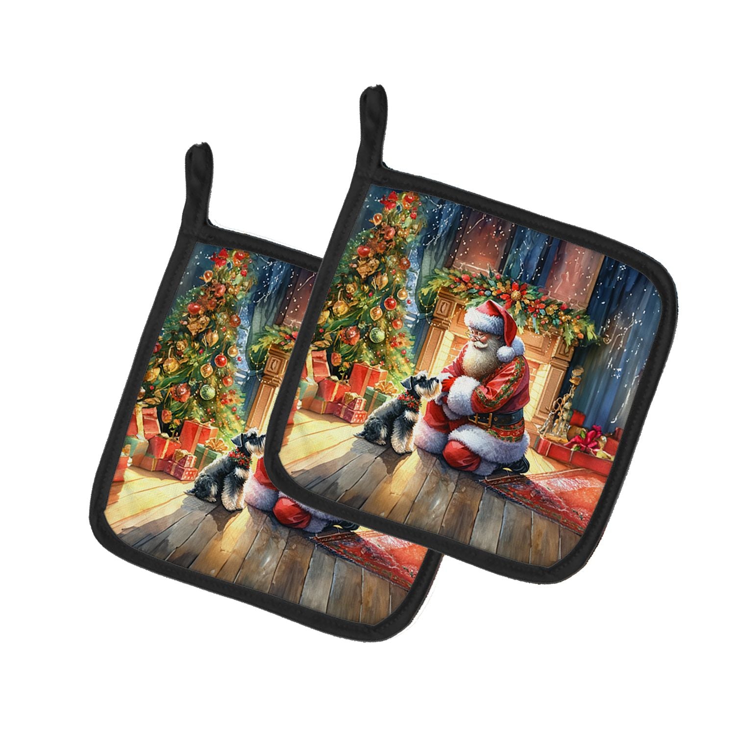 Schnauzer and Santa Claus Pair of Pot Holders Kitchen Heat Resistant Pot Holders Sets Oven Hot Pads for Cooking Baking BBQ, 7 1/