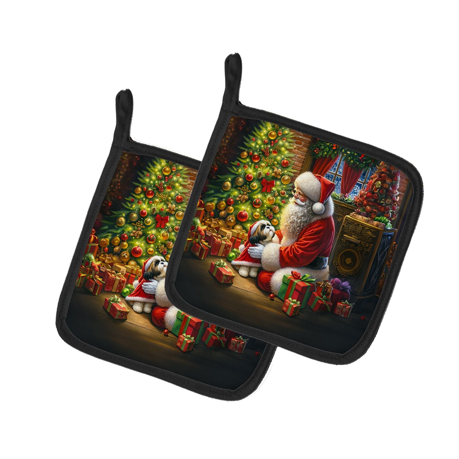 Shih Tzu and Santa Claus Pair of Pot Holders Kitchen Heat Resistant Pot Holders Sets Oven Hot Pads for Cooking Baking BBQ, 7 1/2