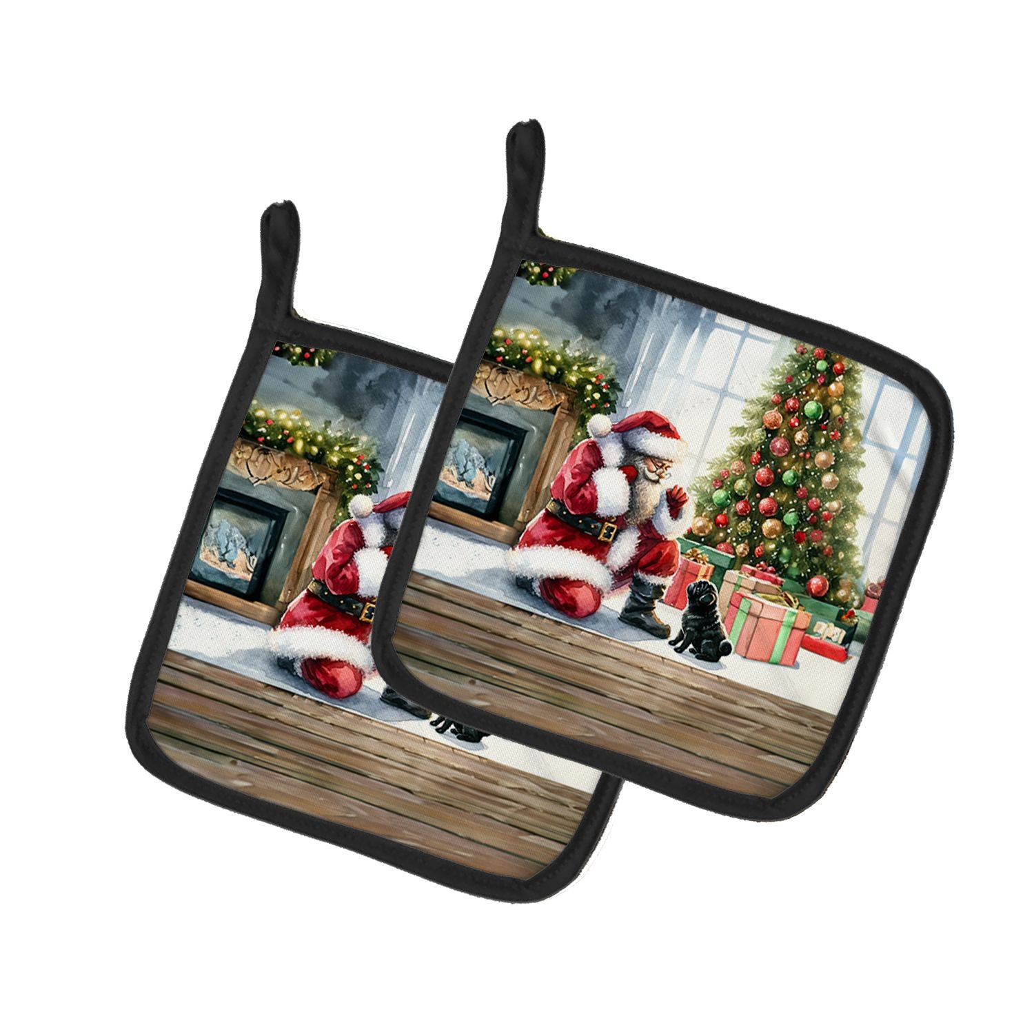 Black Pug and Santa Claus Pair of Pot Holders Kitchen Heat Resistant Pot Holders Sets Oven Hot Pads for Cooking Baking BBQ, 7 1/