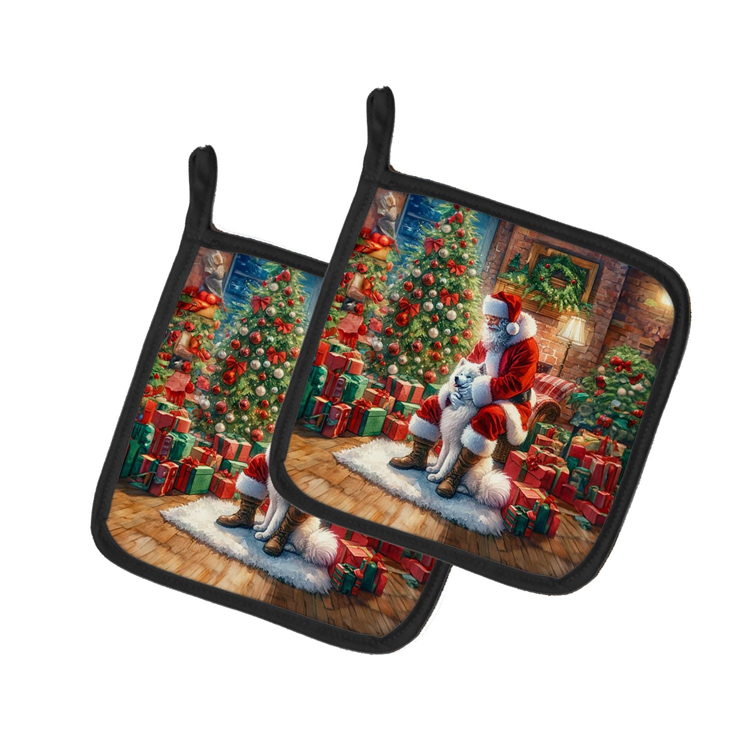 Samoyed and Santa Claus Pair of Pot Holders Kitchen Heat Resistant Pot Holders Sets Oven Hot Pads for Cooking Baking BBQ, 7 1/2 