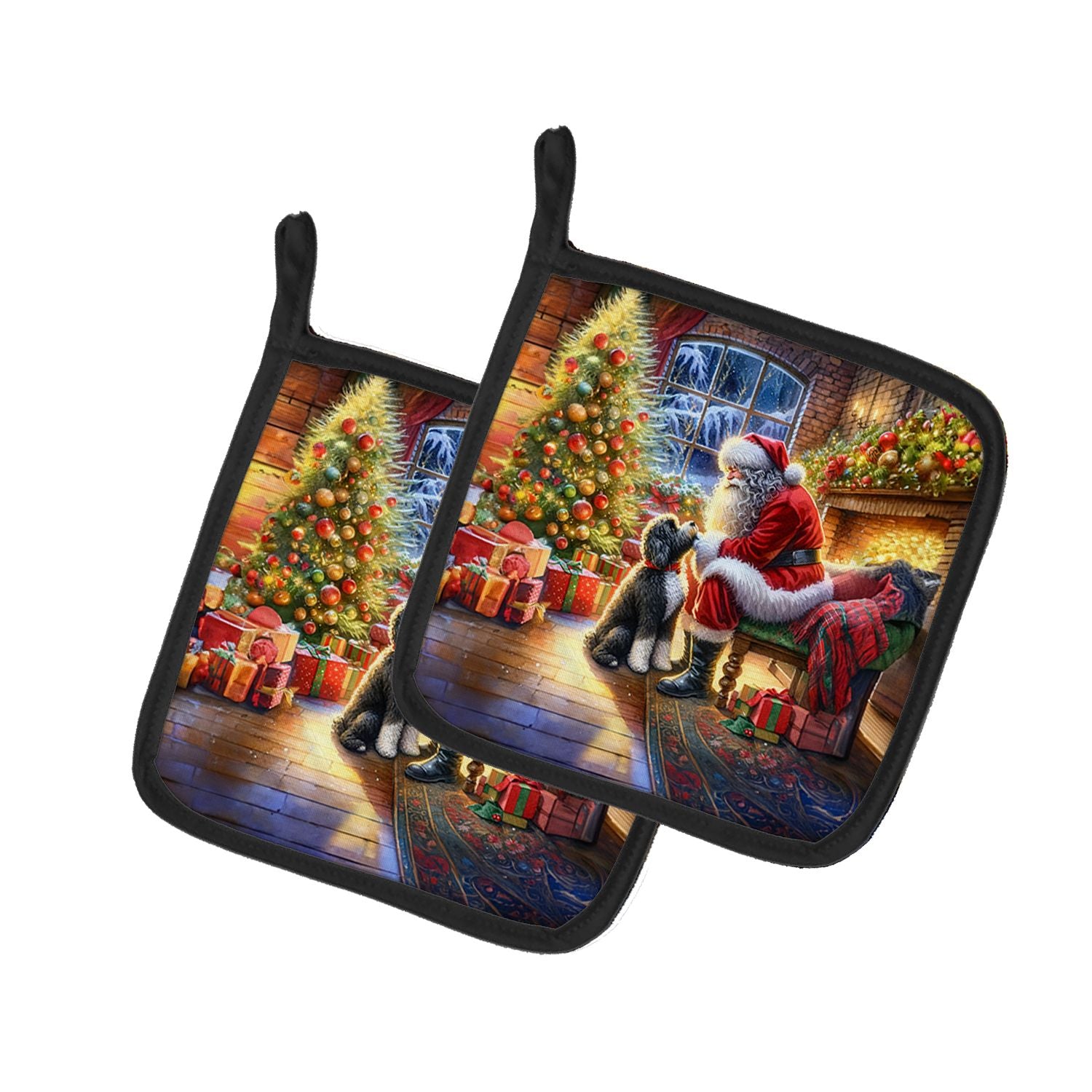 Portuguese Water Dog and Santa Claus Pair of Pot Holders Kitchen Heat Resistant Pot Holders Sets Oven Hot Pads for Cooking Bakin