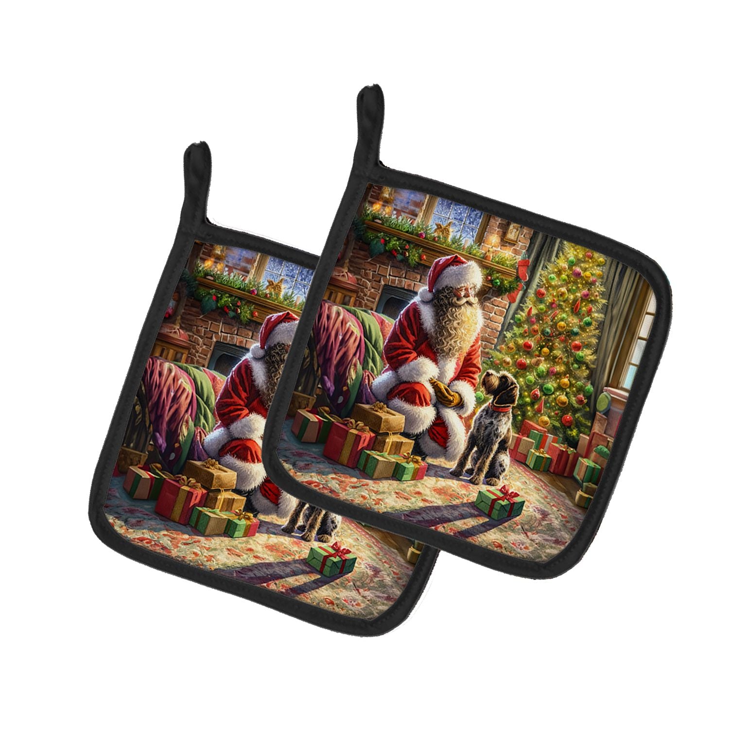 Wirehaired Pointing Griffon and Santa Claus Pair of Pot Holders Kitchen Heat Resistant Pot Holders Sets Oven Hot Pads for Cookin