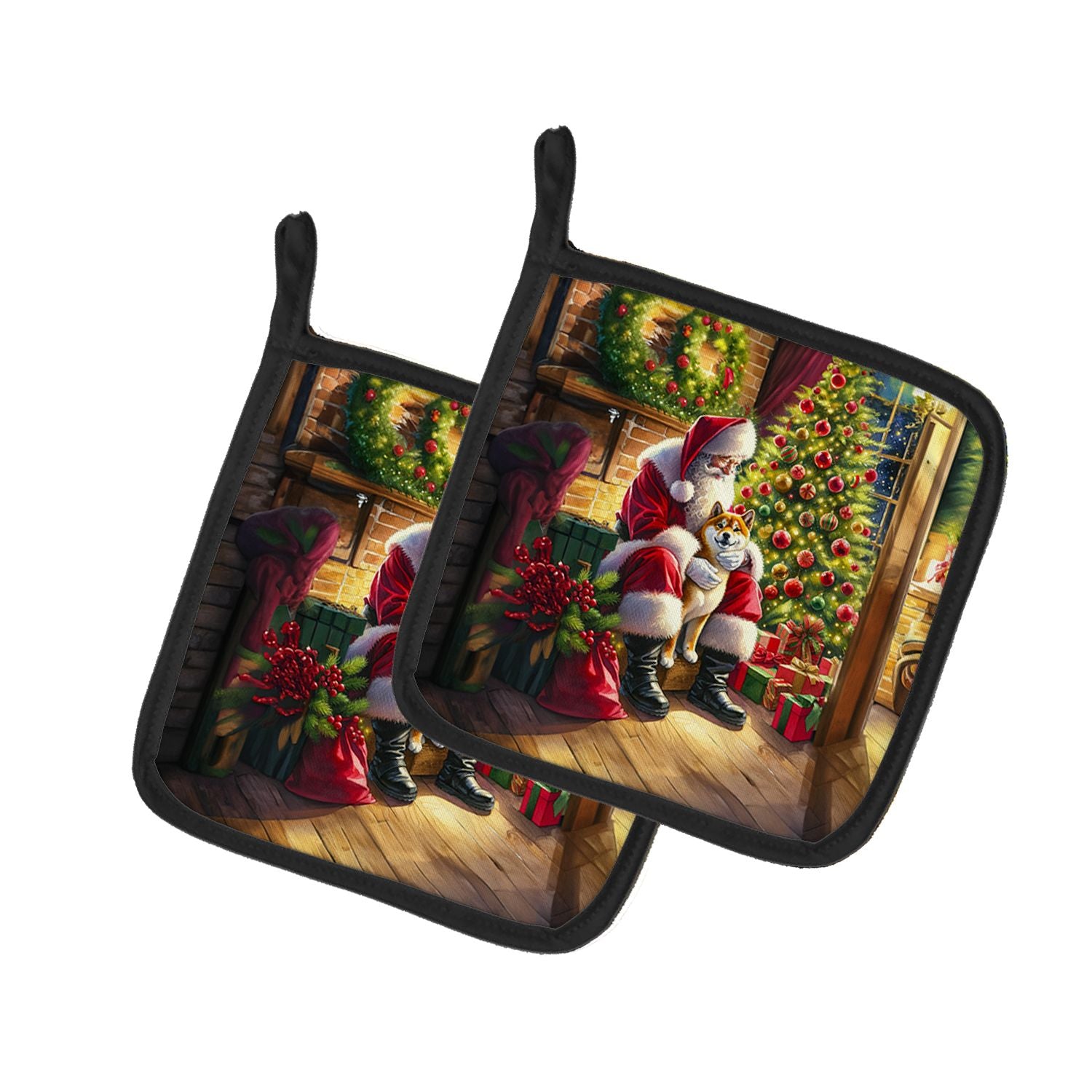 Shiba Inu and Santa Claus Pair of Pot Holders Kitchen Heat Resistant Pot Holders Sets Oven Hot Pads for Cooking Baking BBQ, 7 1/