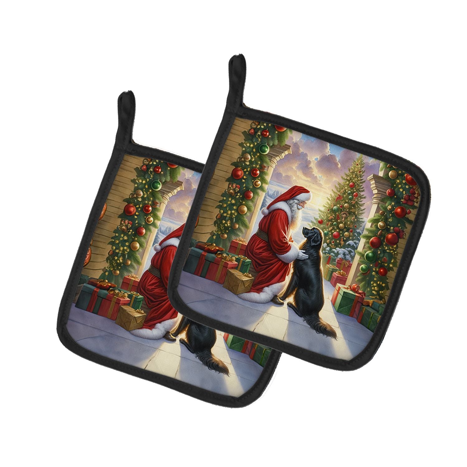 Flat-Coated Retriever and Santa Claus Pair of Pot Holders Kitchen Heat Resistant Pot Holders Sets Oven Hot Pads for Cooking Baki