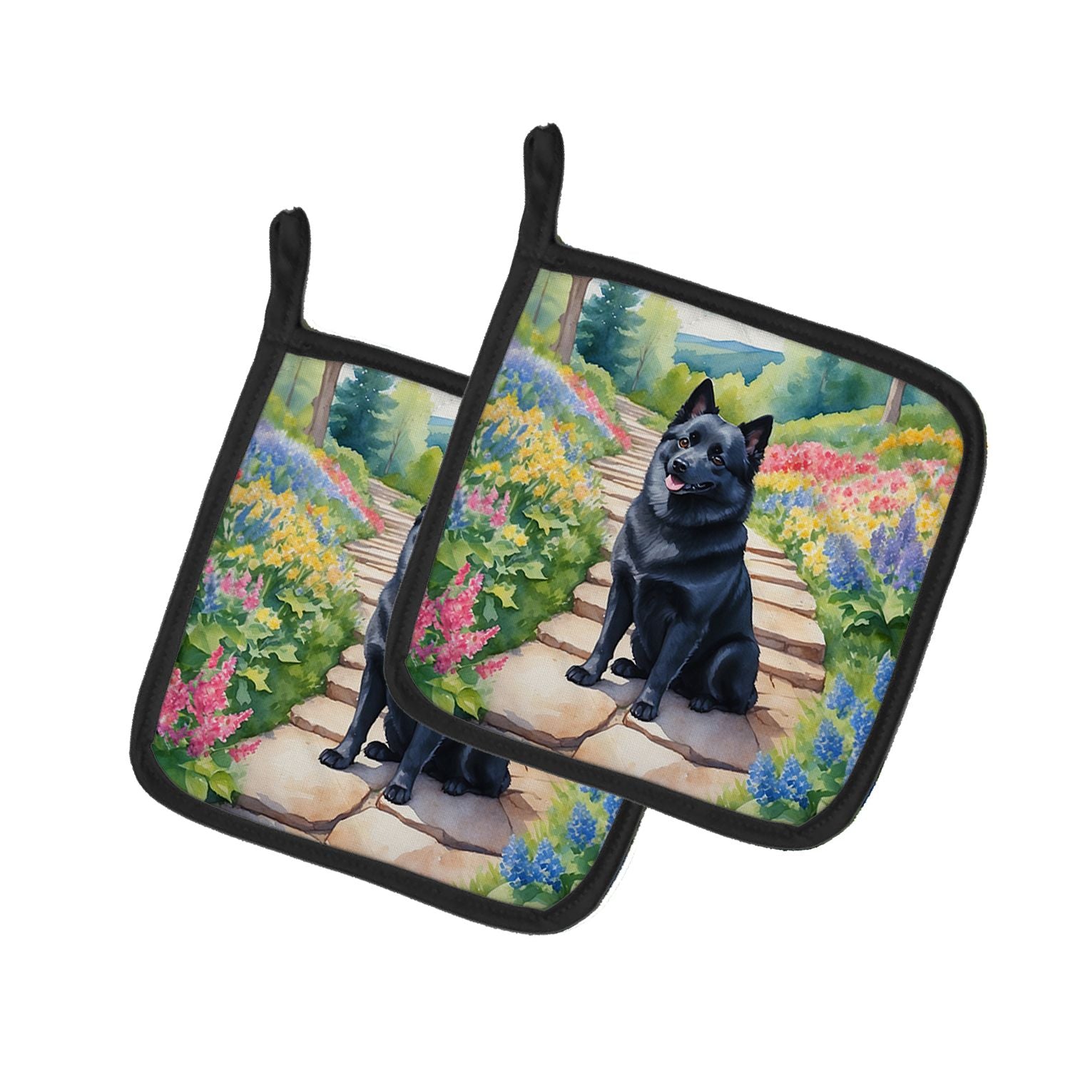Schipperke Spring Path Pair of Pot Holders Kitchen Heat Resistant Pot Holders Sets Oven Hot Pads for Cooking Baking BBQ, 7 1/2 x