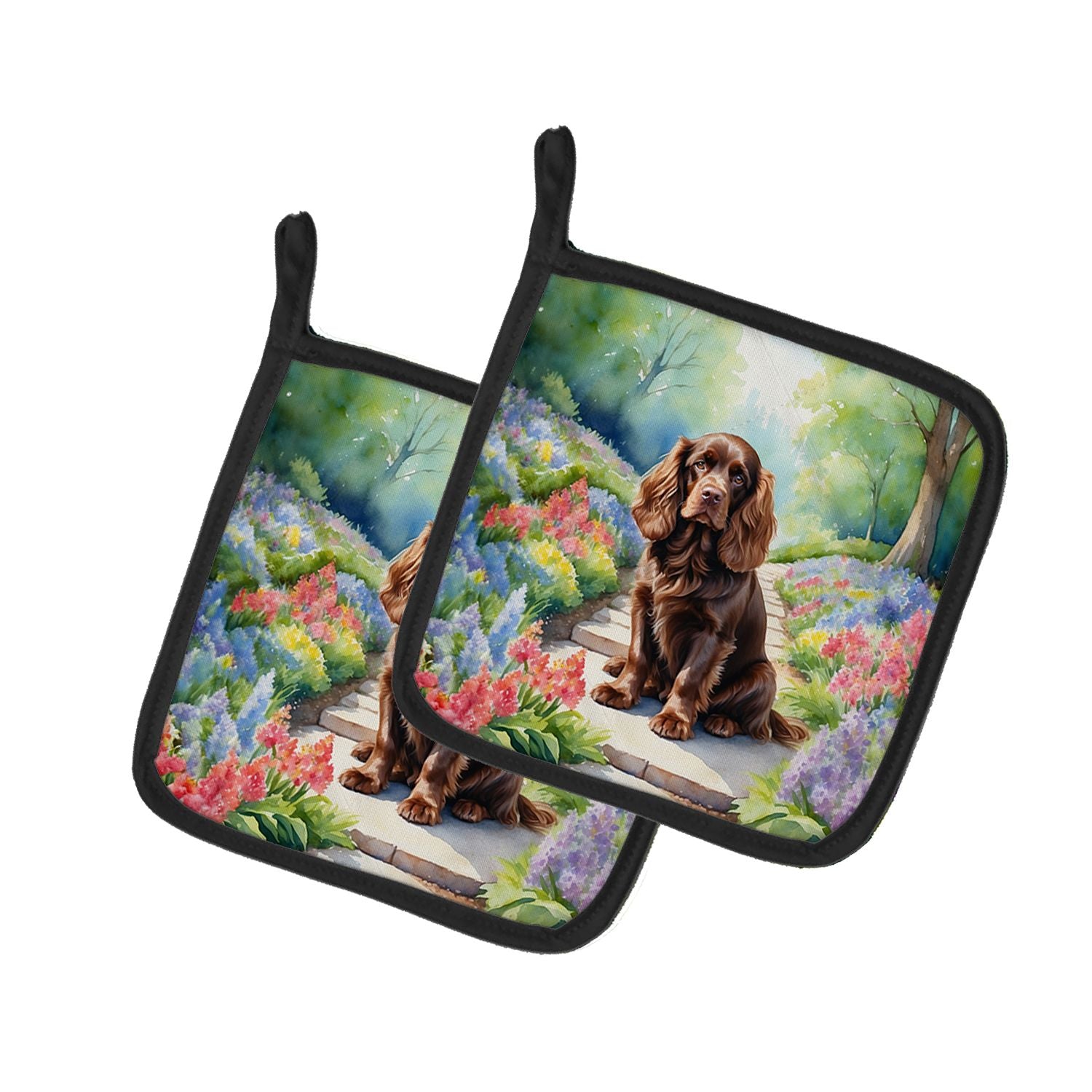 Sussex Spaniel Spring Path Pair of Pot Holders Kitchen Heat Resistant Pot Holders Sets Oven Hot Pads for Cooking Baking BBQ, 7 1